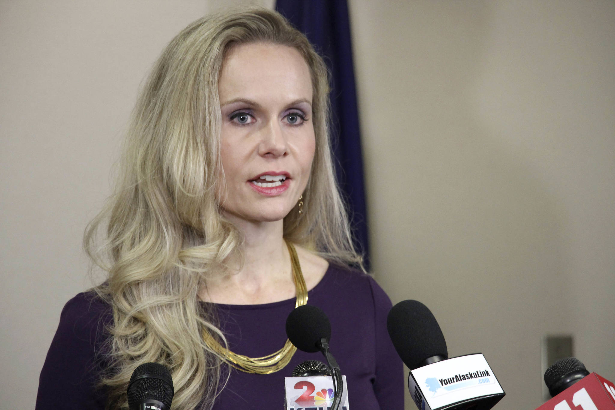 Alaska Department of Administration Commissioner Kelly Tshibaka addresses reporters in Anchorage on Sept. 26, 2019. Tshibaka announced plans on Monday, March 29, 2021, to run for the U.S. Senate seat held by U.S. Sen. Lisa Murkowski, a fellow Republican, in the 2022 election. (AP Photo/Mark Thiessen)