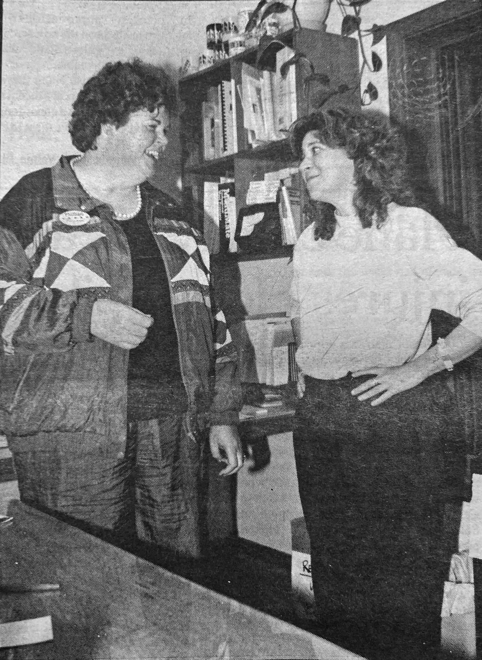 In this Sept. 10, 1992, file photo, then Rep. Gail Phillips, left, and Democratic Party challenger Susan Kernes, right, shared a lighthearted moment at the KBBI Public Radio studios on Sept. 1, 1992, in a campaign event. Phillips won re-election that year. (Photo by Hal Spence/Homer News file photo