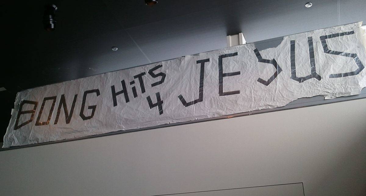 Wikicommons
The banner at the center of a U.S. Supreme Court case on display at the Newseum in Washington, D.C. The banner’s owner was unable to find it a home in Juneau, and it’s been sent to the First Amendment Museum in Maine.