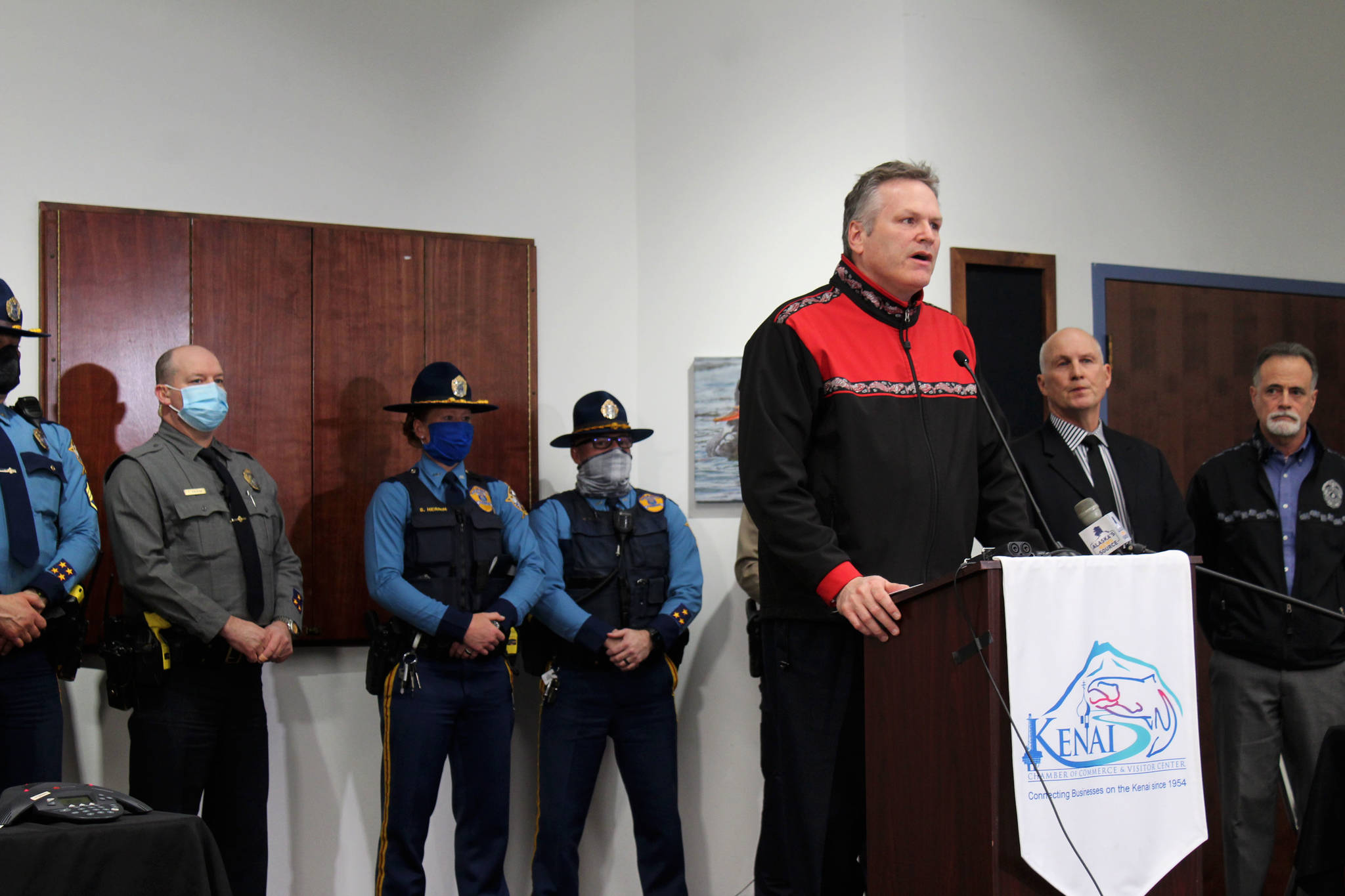 Gov. Mike Dunleavy speaks at the Kenai Chamber of Commerce and Visitor Center on Tuesday in Kenai. (Ashlyn O’Hara/Peninsula Clarion)