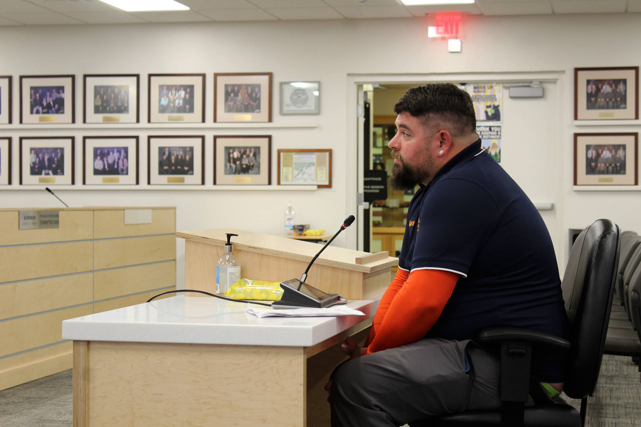 Aaron Fleenor testifies before the Kenai Peninsula Borough Assembly on Tuesday, April 6, 2021, in Soldotna, Alaska. (Ashlyn O’Hara/Peninsula Clarion)