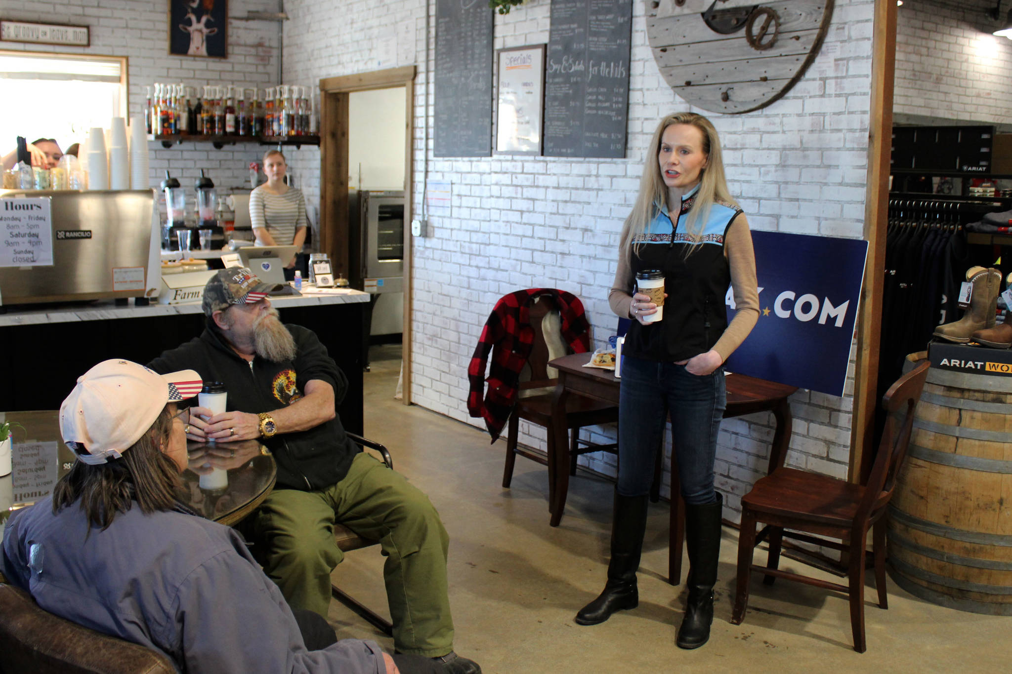 Kelly Tshibaka addresses members of the community at Nikiski Hardware & Supply on Friday, April 9, 2021 in Nikiski, Alaska. (Ashlyn O’Hara/Peninsula Clarion)