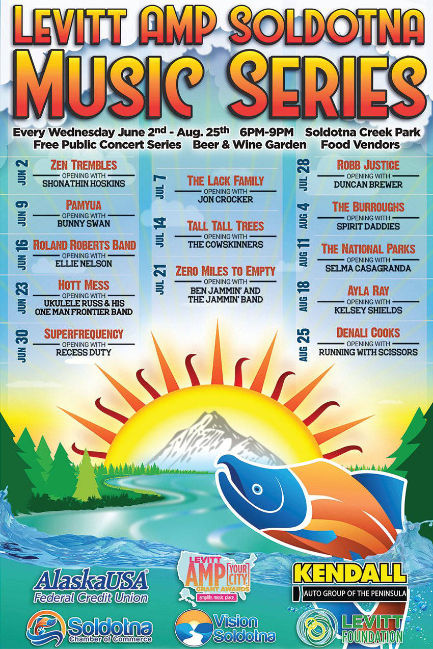 This is the lineup for the Levitt AMP Soldotna Music Series, provided by the Soldotna Chamber of Commerce on April 5, 2021. (Photo via the Soldna Chamber of Commerce)
