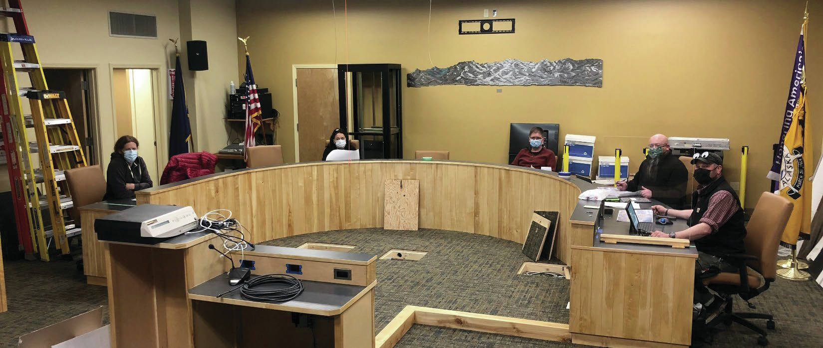 City of Homer staff hold a meeting in the Cowles Council Chambers at Homer City Hall in this undated photo. The chambers are being remodeled to allow COVID-safe public meetings. (Photo courtesy of City of Homer)