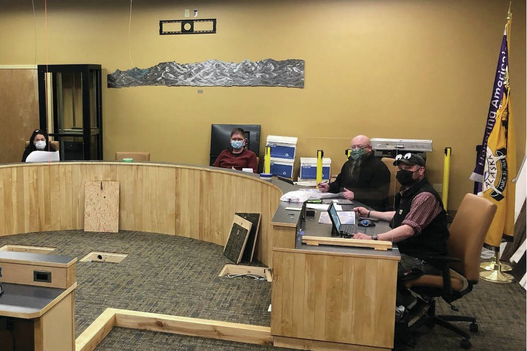 City of Homer staff hold a meeting in the Cowles Council Chambers at Homer City Hall in this undated photo. The chambers are being remodeled to allow COVID-safe public meetings. (Photo courtesy of City of Homer)