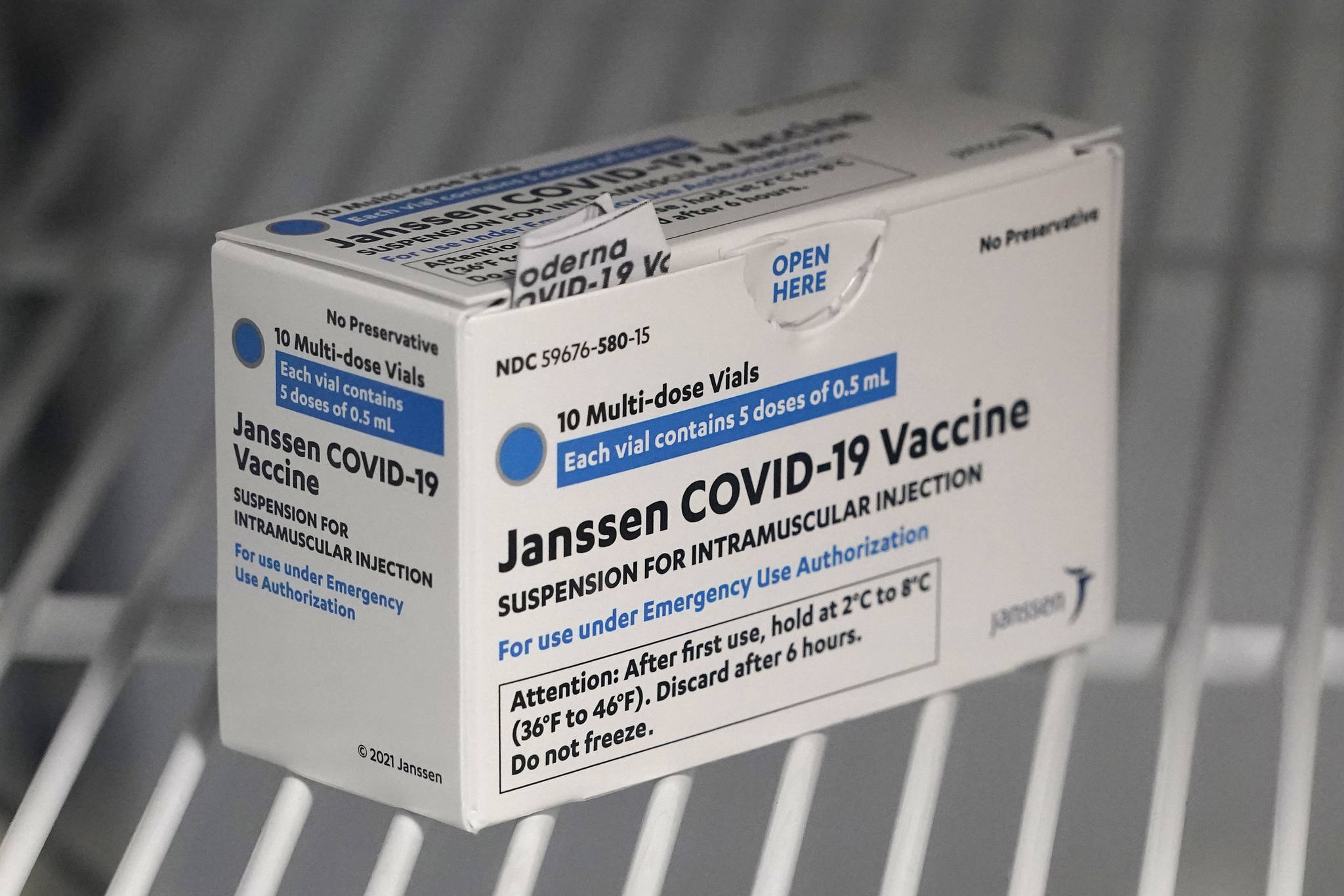 In this March 25 file photo, a box of the Johnson & Johnson COVID-19 vaccine is shown in a refrigerator at a clinic in Washington state. (AP Photo/Ted S. Warren)