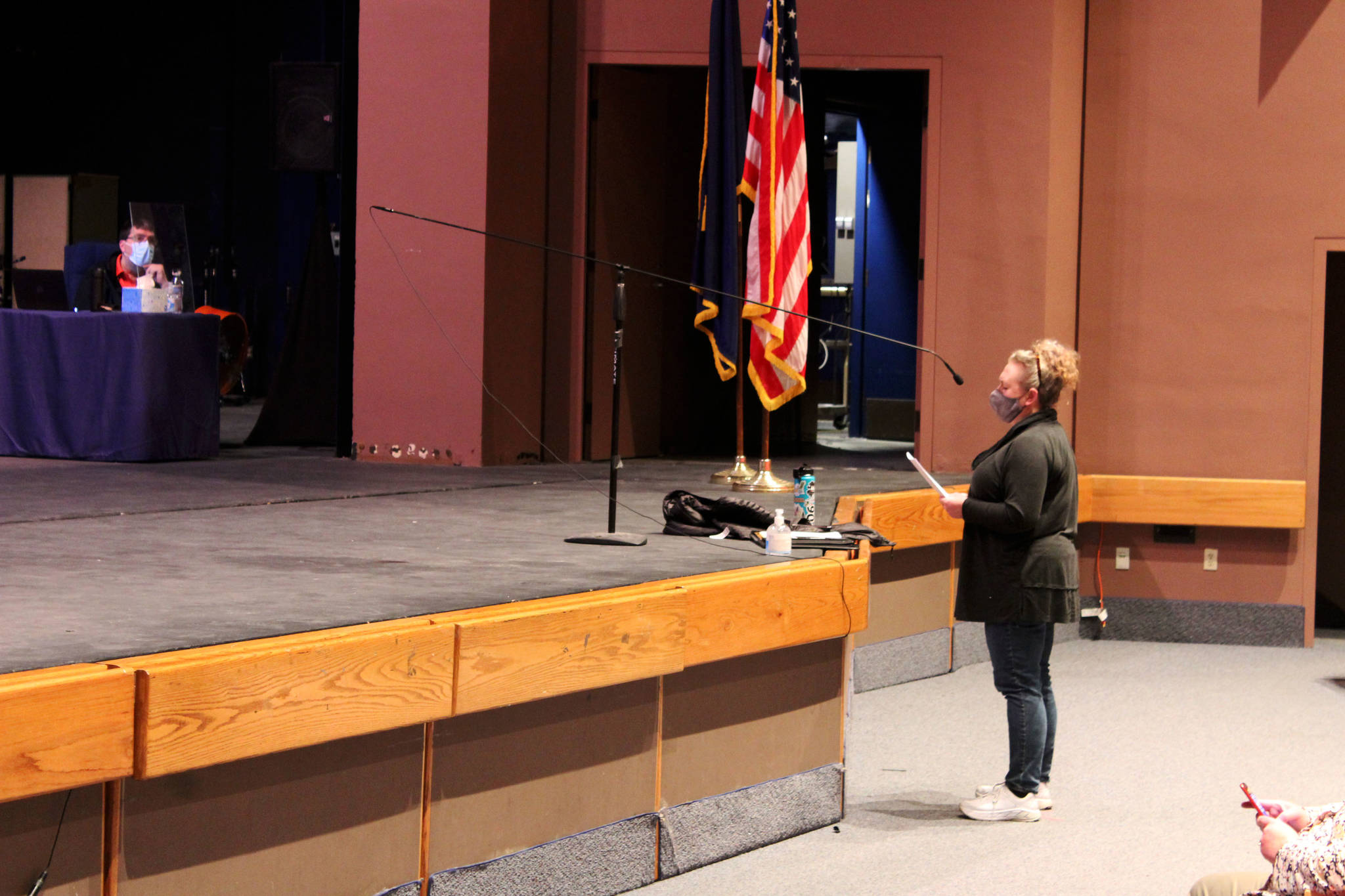 Rhonda Baisden testifies before the Kenai Peninsula Borough School District Board of Education on March 1 in Kenai. Baisden has been a vocal critic of school board COVID-19 mitigation policies implemented by the school district. (Ashlyn O’Hara/Peninsula Clarion)