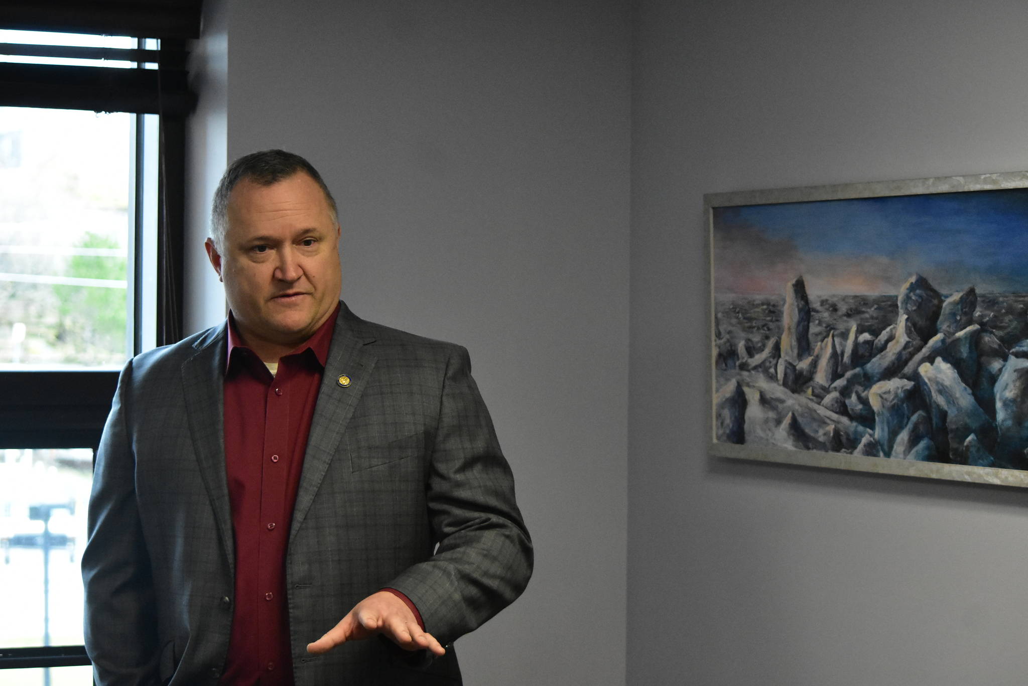 Sen. Mike Shower, R-Wasilla, speaks to reporters at the Alaska State Capitol on Thursday, April 15, 2021, about a bill of his to reform Alaska’s elections. An earlier version of the bill drew sharp criticism but Shower says his bill is not meant to be partisan. (Peter Segall / Juneau Empire)