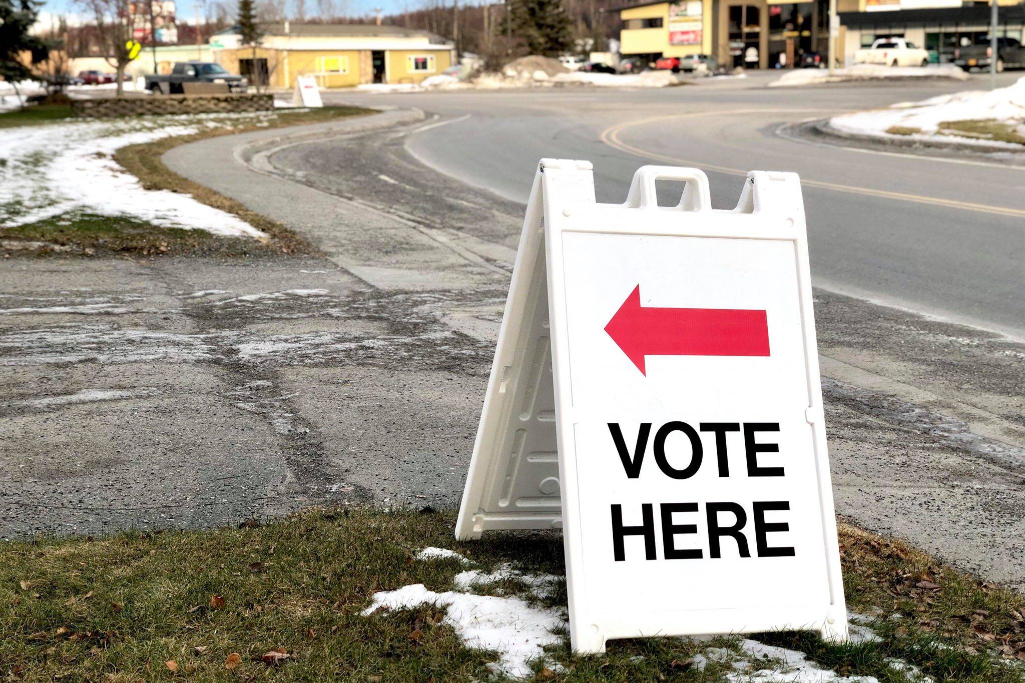 A sign directs voters to Soldotna City Hall to cast their ballots, Dec. 17, 2019, in Soldotna, Alaska. (Photo by Victoria Petersen/Peninsula Clarion)