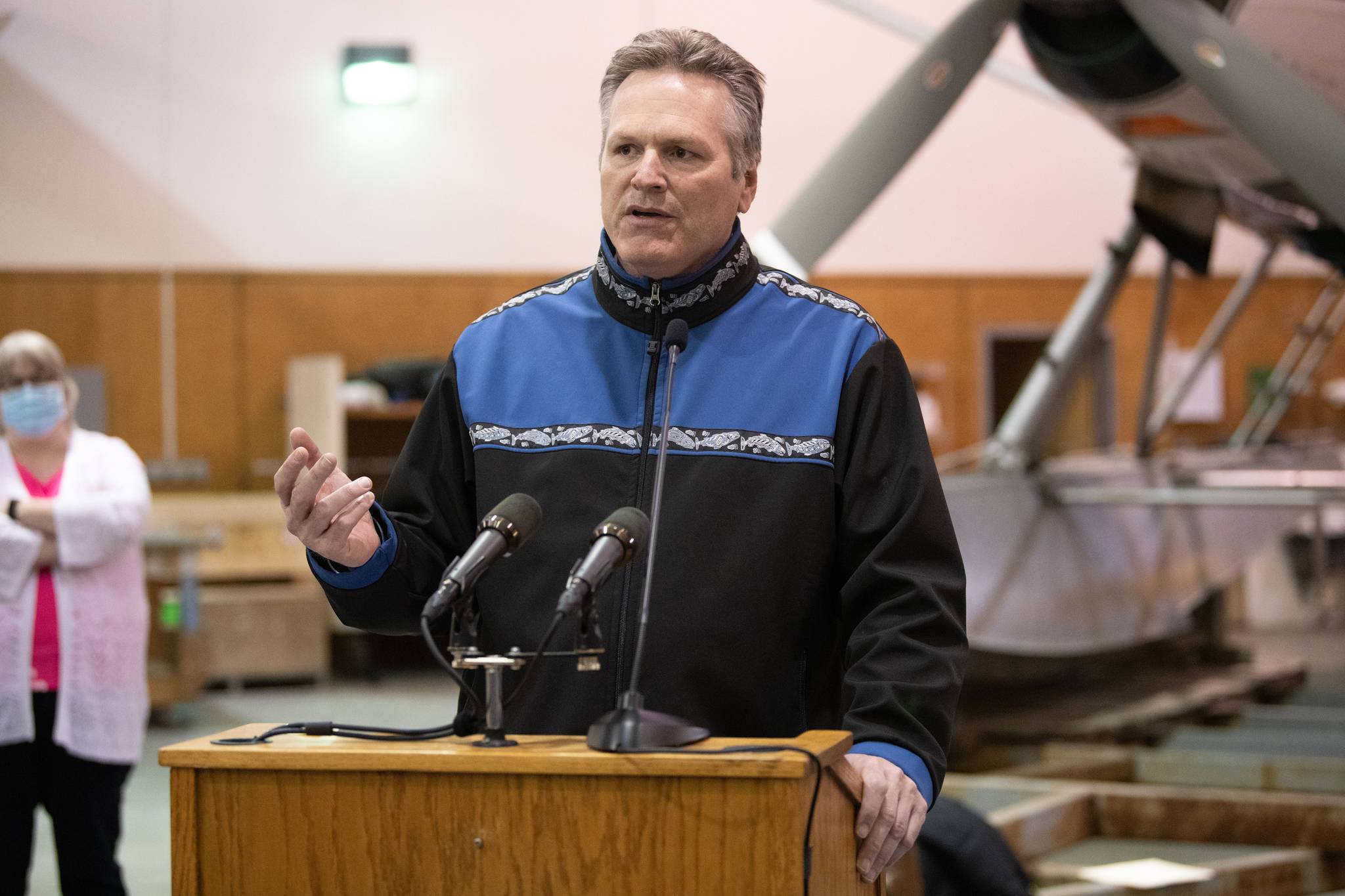 Gov. Mike Dunleavy announces a tourism aid initiative at Wings Airways Hangar in Juneau, Alaska, on April 9, 2021. (Govrernor’s Office/Kevin Goodman)