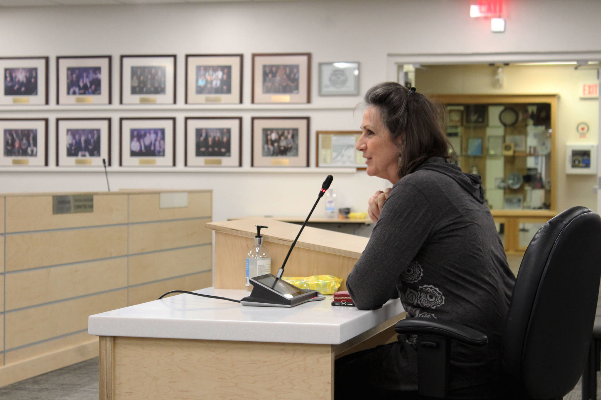 Annette Pankoski testifies before the Kenai Peninsula Borough Assembly on Tuesday, April 20, 2021 in Soldotna, Alaska. (Ashlyn O'Hara/Peninsula Clarion)