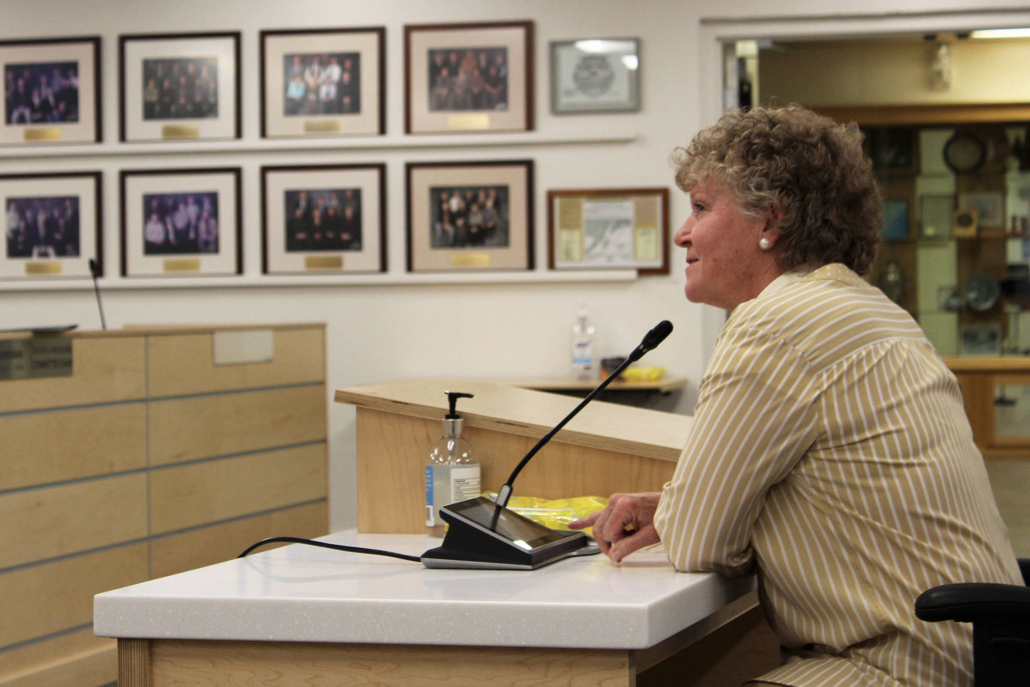 Debbie Brown testifies before the Kenai Peninsula Borough Assembly on Tuesday, April 20, 2021, in Soldotna, Alaska. (Ashlyn O’Hara/Peninsula Clarion)
