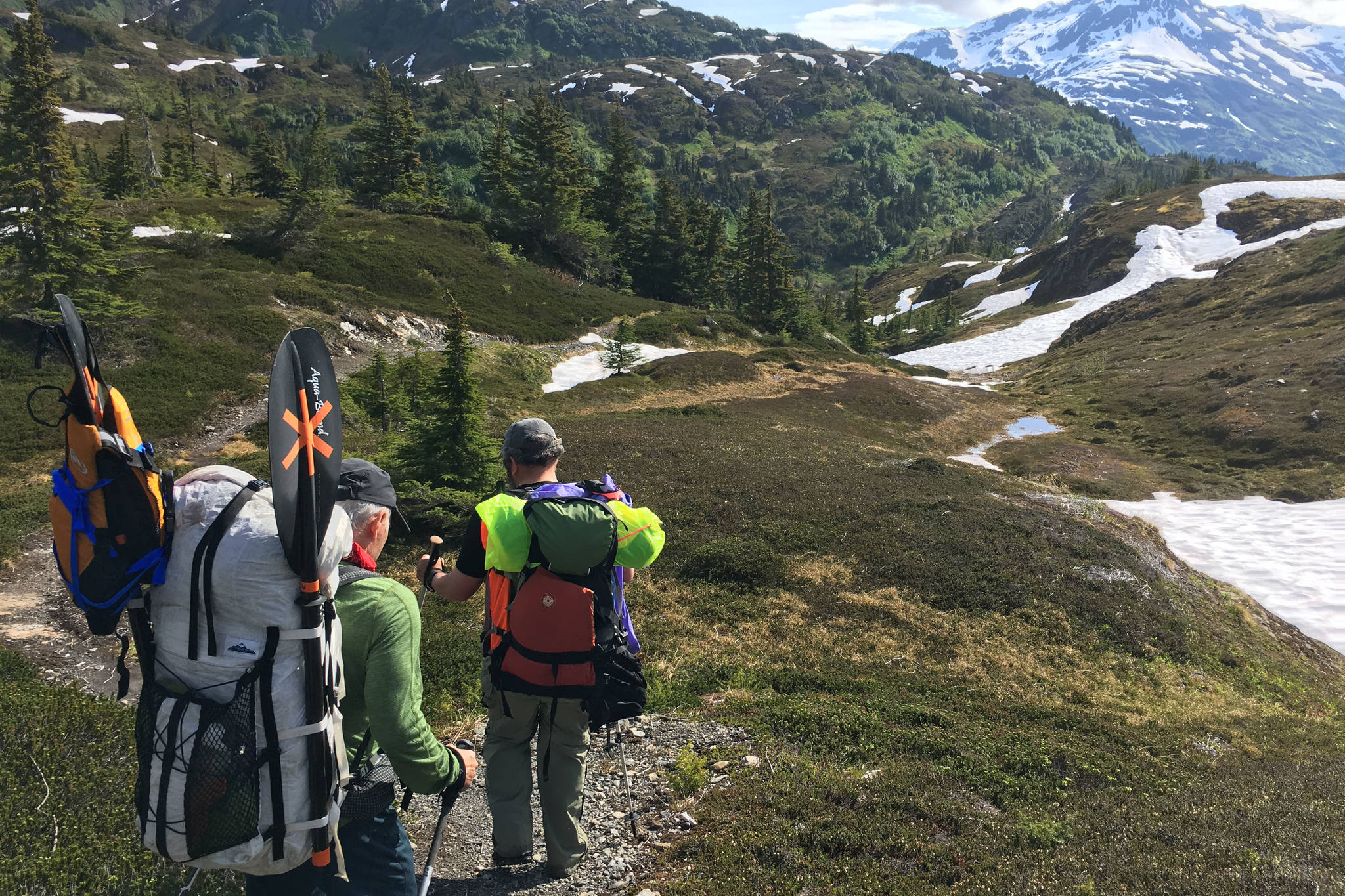 Mark Spano and Bob Loeffler hike in Chugach National Forest. (Photo courtesy Chris Beck/Alaska Trails Initiative)