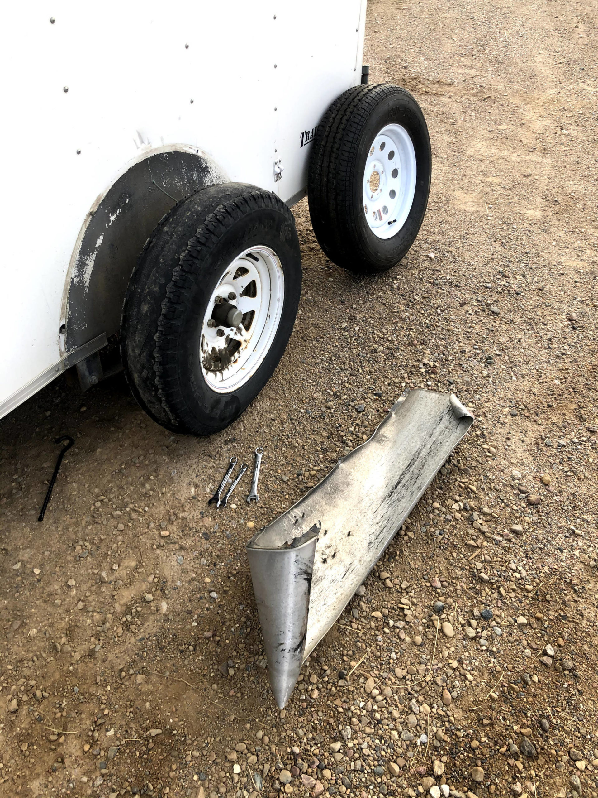 A trailer tire, after the tread and fender ripped off along the Alaska Highway, on July 15, 2020. (Photo by Camille Botello/Peninsula Clarion)
