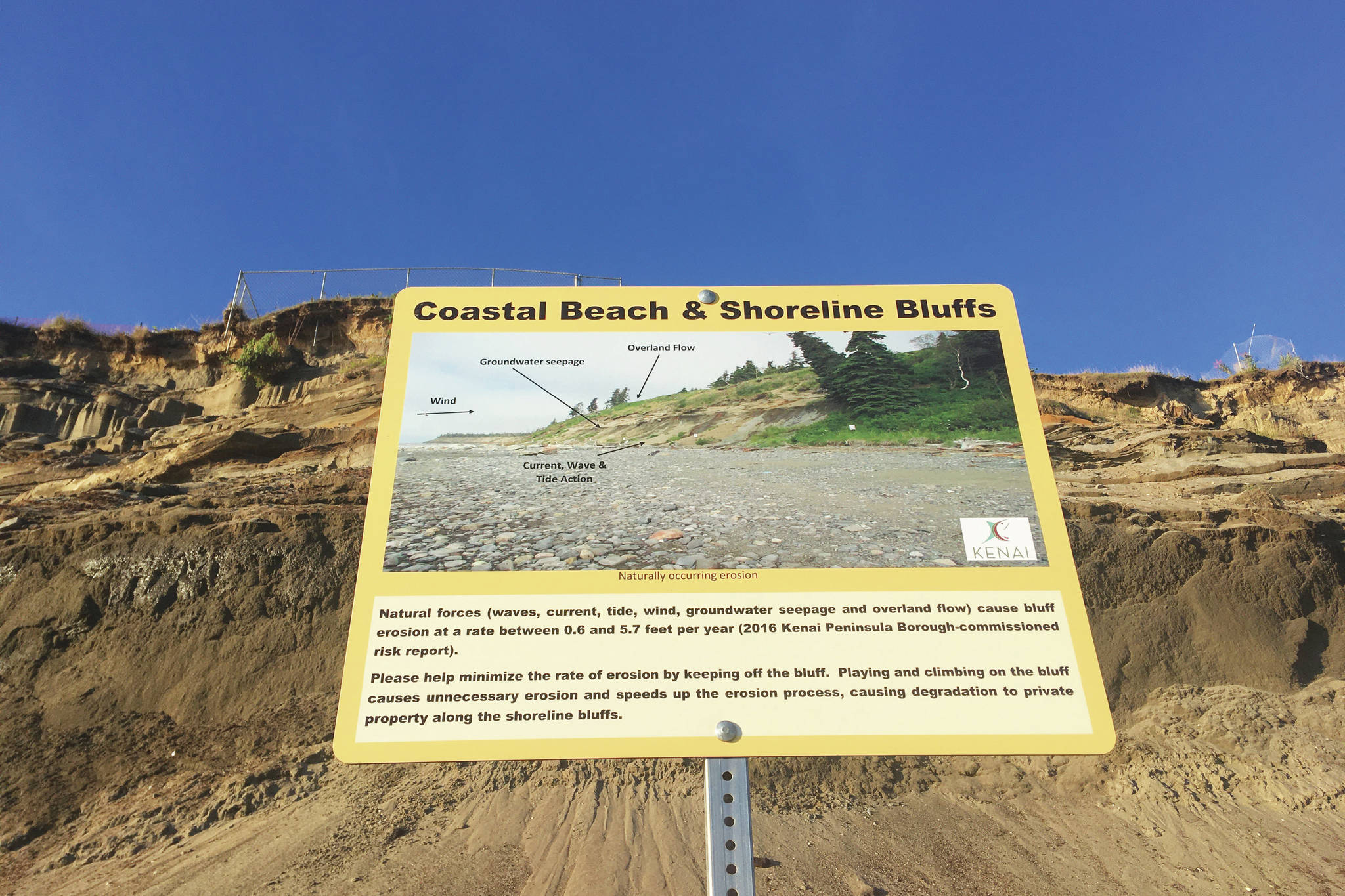 A sign describing bluff erosion is seen on Kenai North Beach in Kenai, Alaska, on Aug. 6, 2020. The bluff stabilization project is one of several capital improvement projects on the City of Kenai’s agenda. (Photo by Jeff Helminiak/Peninsula Clarion)