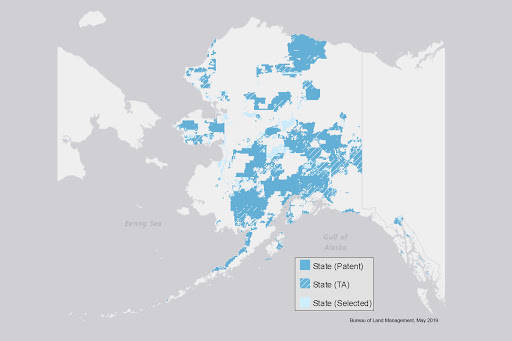 State officials are trying to facilitate the transfer of federal lands to the University of Alaska but where those lands are hasn’t yet been determined. What is known is the lands will be drawn from the state’s allotment of federal lands granted to it under statehood, seen here in this July 30, 2020 Bureau of Land Management map. (Courtesy Image / U.S. Bureau of Land Management)