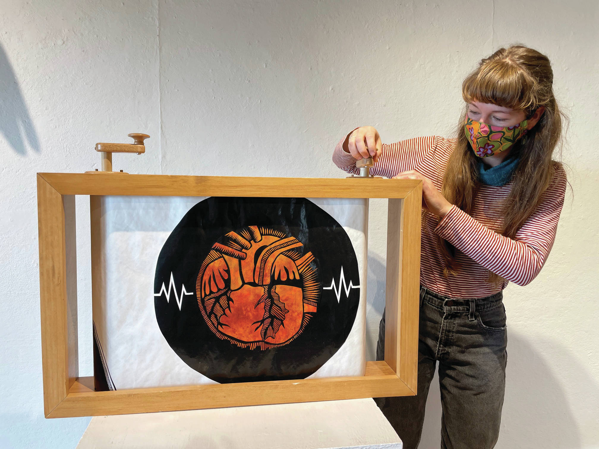 Photo by McKibben Jackinsky 
A crankie provides settings for artist Emily Schubert’s puppetry, as seen on April 17 at Bunnell Street Arts Center in Homer.