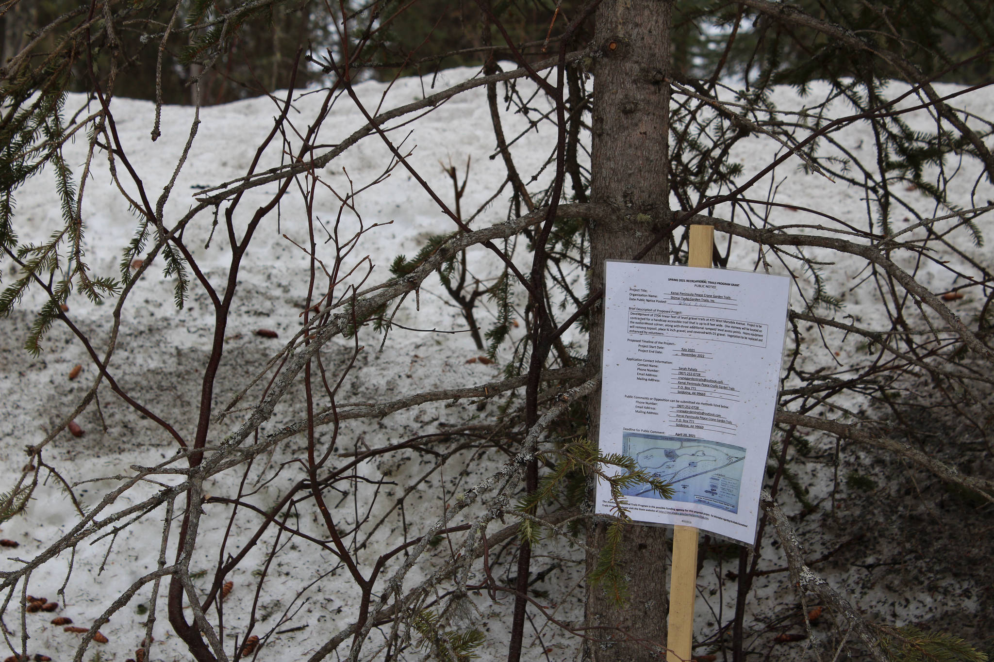 A sign indicates the future site of the Kenai Peninsula Peace Crane Garden Trails on Marydale Avenue on Wednesday, April 14, 2021 in Soldotna, Alaska. (Ashlyn O’Hara/Peninsula Clarion)