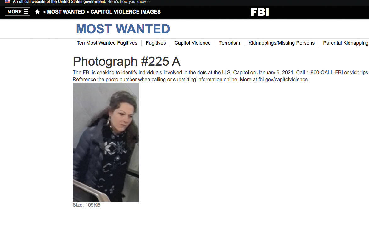 A screenshot from the FBI’s Most Wanted page showing a photo the FBI said was taken on Jan. 6, 2021, inside the U.S.Capitol. Marilyn Hueper said FBI agents showed her this image and claimed it was her. (Screenshot)