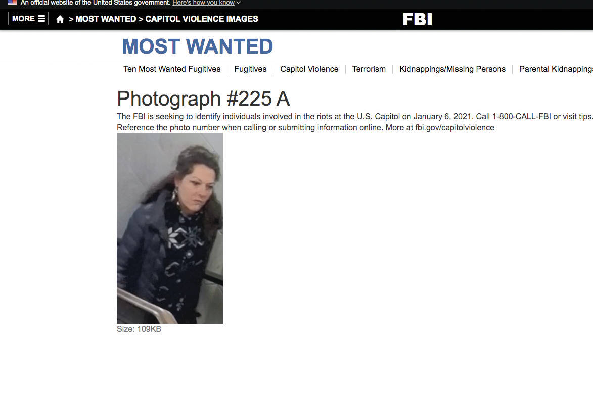 A screenshot from the FBI’s Most Wanted page showing a photo the FBI said was taken on Jan. 6, 2021, inside the U.S.Capitol. Marilyn Hueper said FBI agents showed her this image and claimed it was of her. (Screenshot)