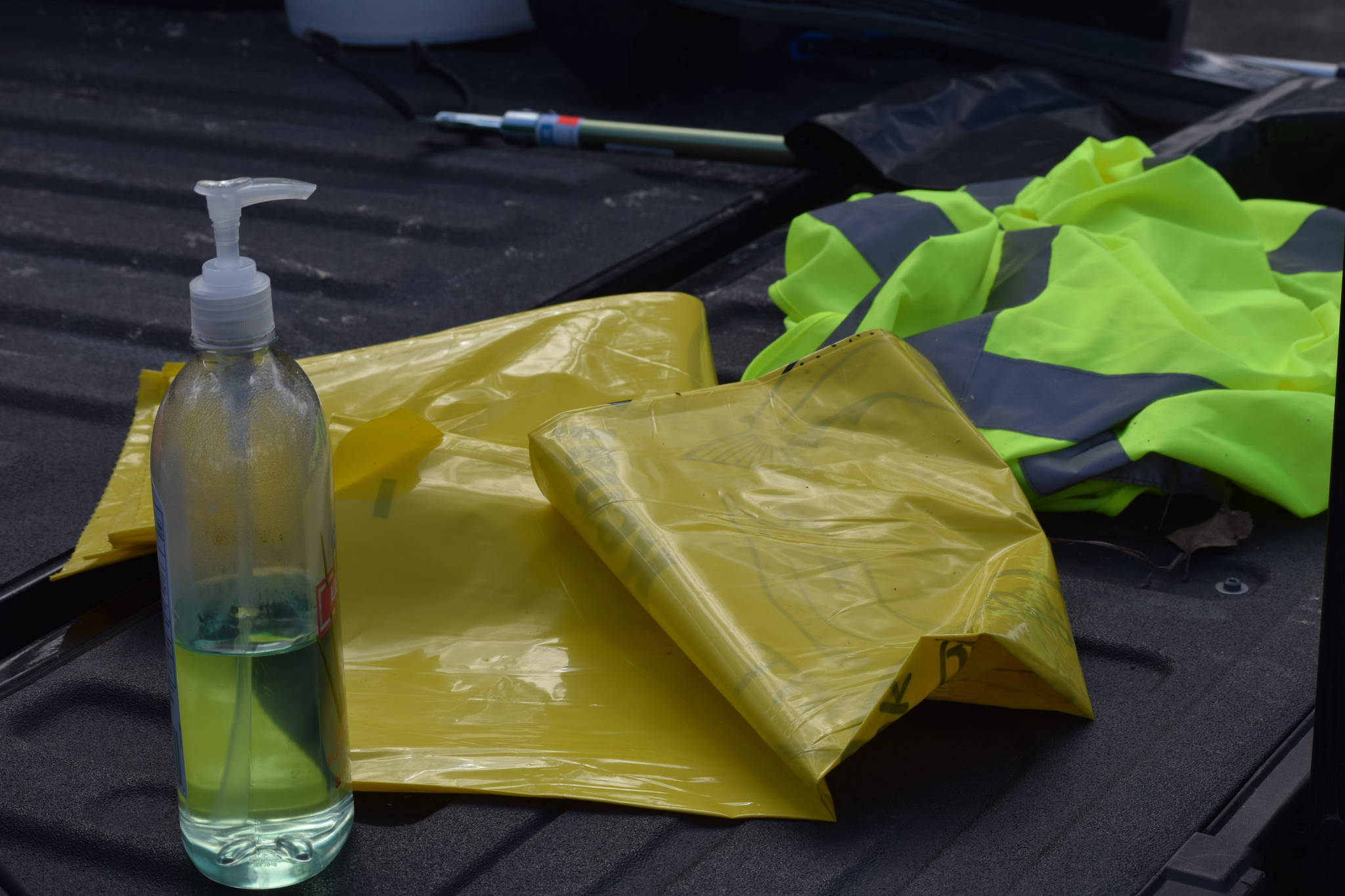Litter-collecting supplies were distributed to volunteers at the Kenai National Wildlife Refuge in Soldotna, Alaska, on Friday, April 30, 2021. (Camille Botello / Peninsula Clarion)