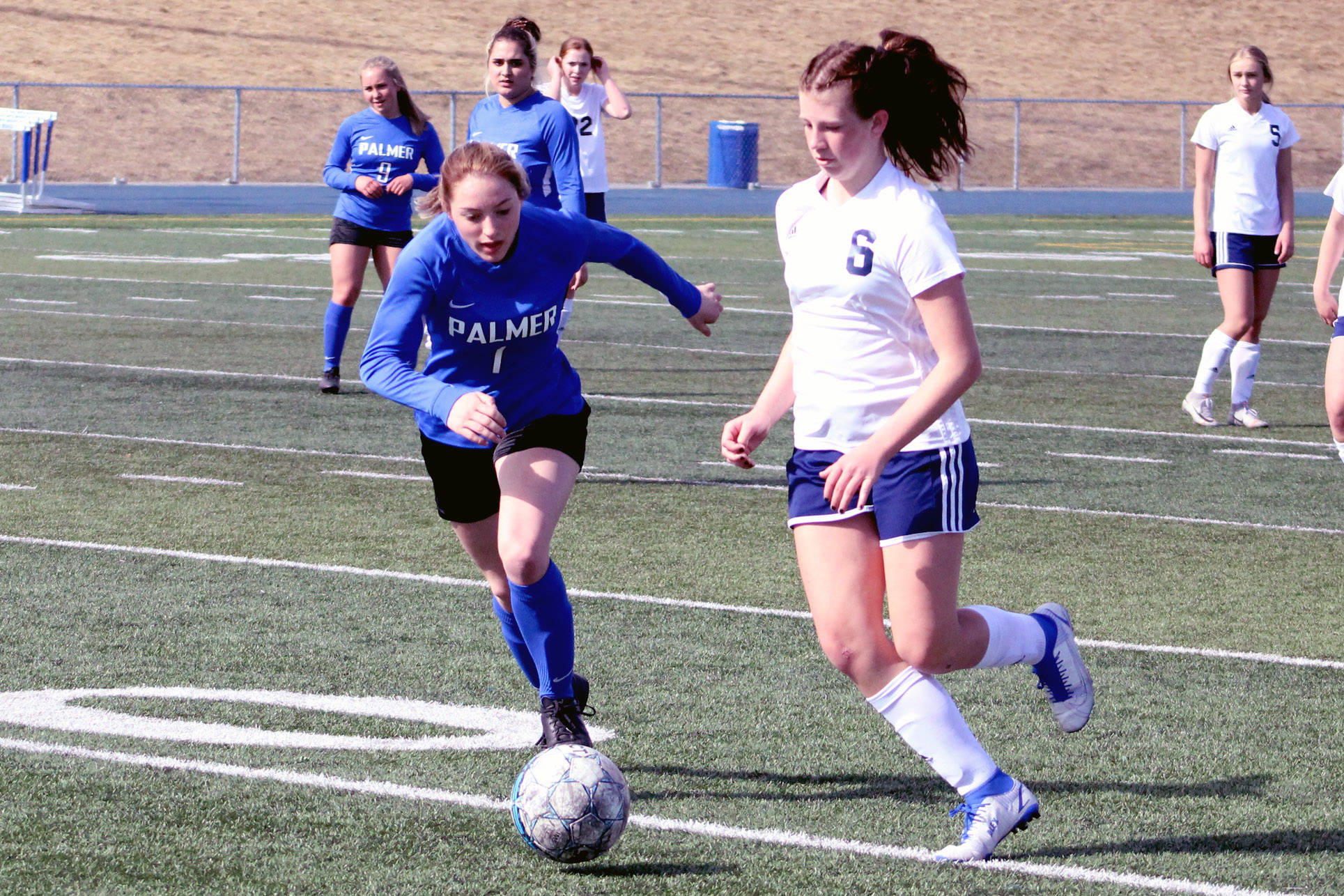 Soldotna’s Alex Lee attacks against Palmer on Friday, April 30, 2021, at Palmer High School in Palmer, Alaska. (Photo by Tim Rockey/Frontiersman)