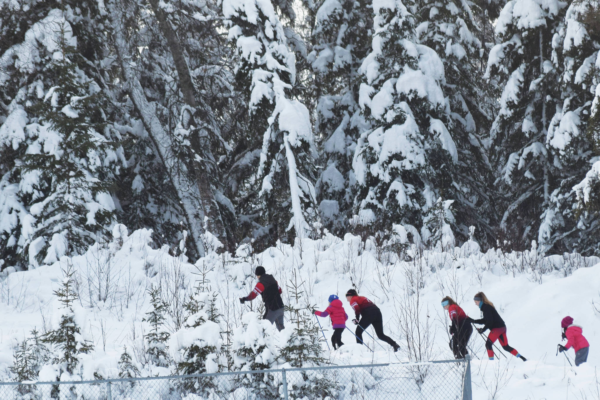 A group of skiers make their way along a trail behind Skyview High School, Saturday, Dec. 7, 2019, at the Black Stone Axe Ridge Warm Up Rally at the Tsalteshi Trails in Soldotna, Alaska. (Photo by Joey Klecka/Peninsula Clarion)