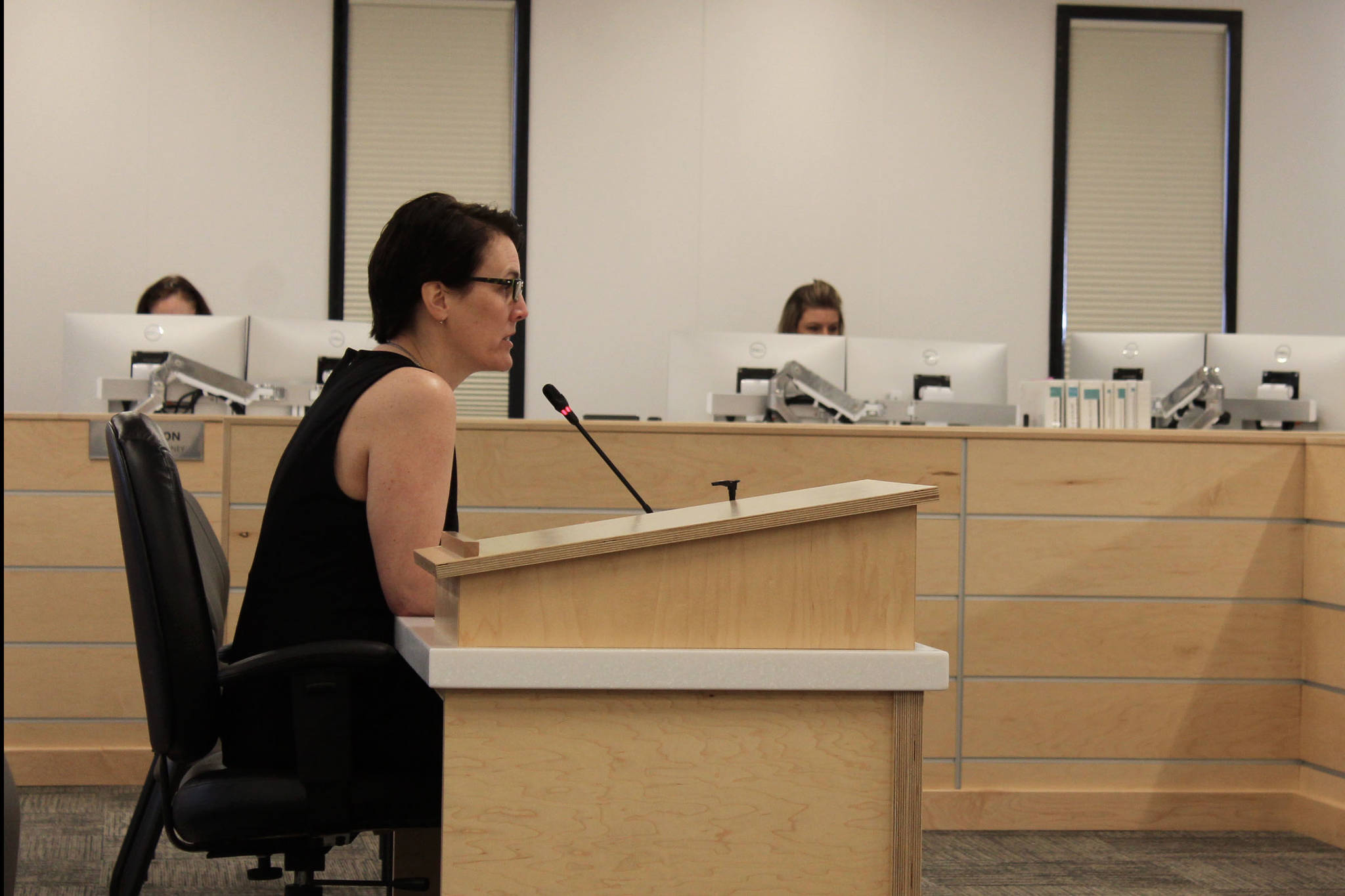 Ashlyn O’Hara/Peninsula Clarion
Brandi Harbaugh gives a presentation during a joint work session on Tuesday in Soldotna.