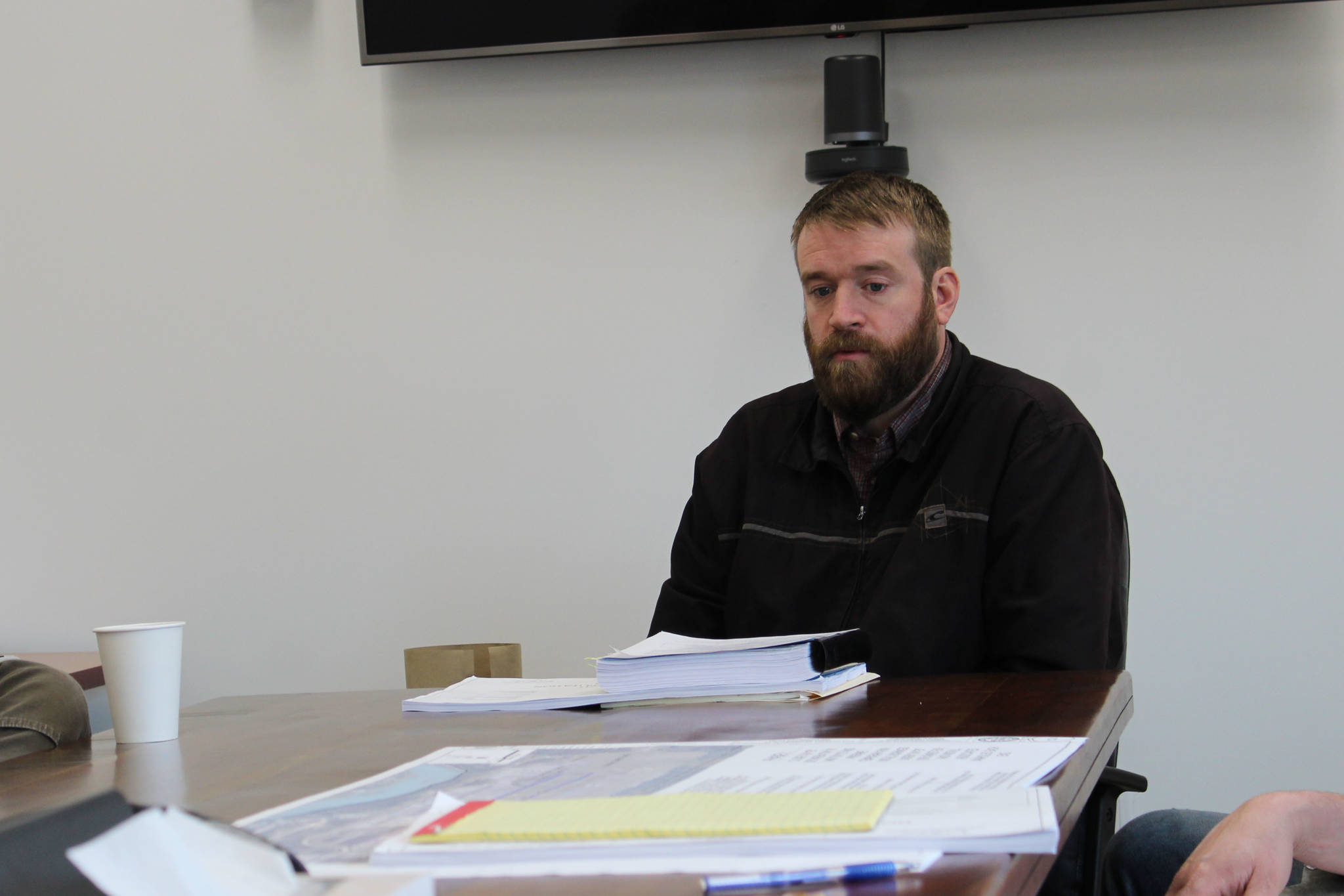 Kyle Kornelis speaks at a public meeting about the Runway 7-25 Rehabilitation Project on Tuesday, May 4, 2021 in Soldotna, Alaska. (Ashlyn O’Hara/Peninsula Clarion)