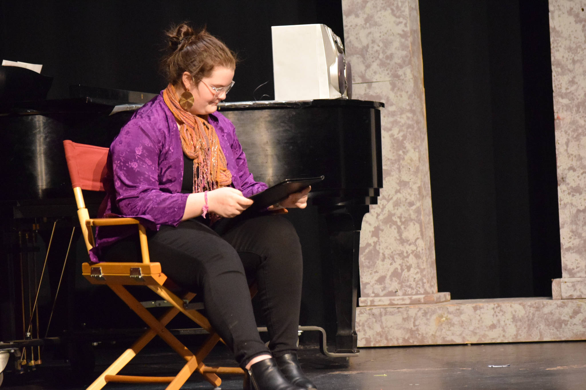 Jessica Perry acts onstage as her character Ms. Darbus in the Nikiski Middle/High School’s spring production of “High School Musical” in Nikiski, Alaska, on Wednesday May 5, 2021. (Camille Botello / Peninsula Clarion)
