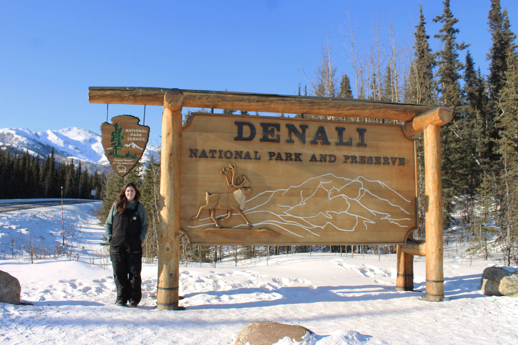 This is me standing in front of the Denali National Park and Preserve sign on Saturday, March 20, 2021. (Ashlyn O’Hara/Peninsula Clarion)