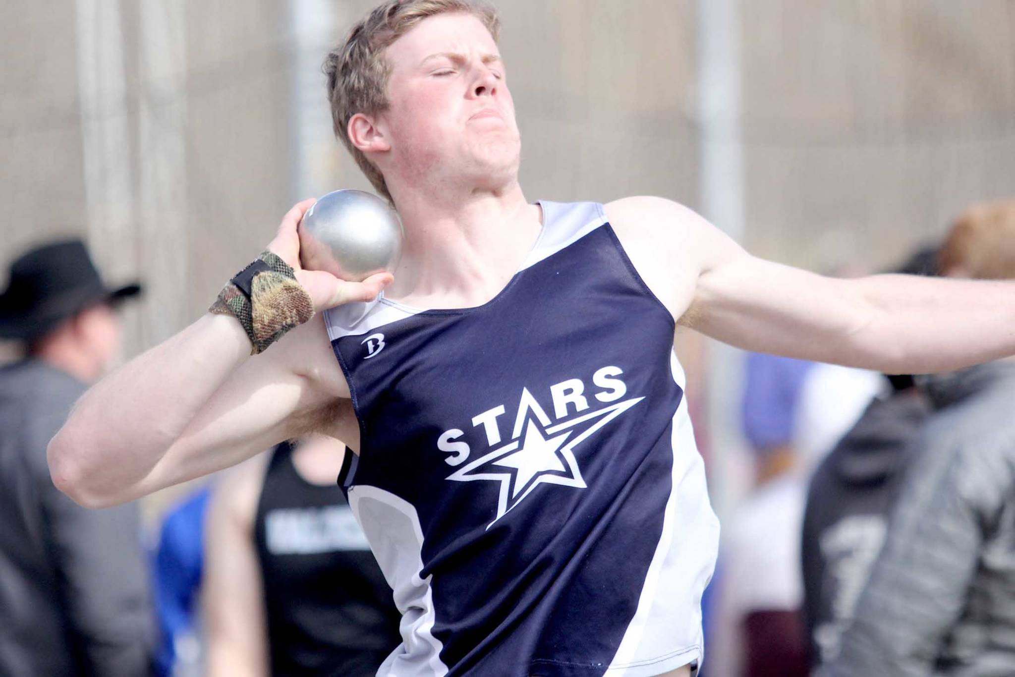 Soldotna’s Dylan Dahlgren makes a throw in the shot put during the first day of the Palmer Invitational on Friday, May 7, 2021 at Palmer High School in Palmer, Alaska. (Photo by Jeremiah Bartz/Frontiersman)