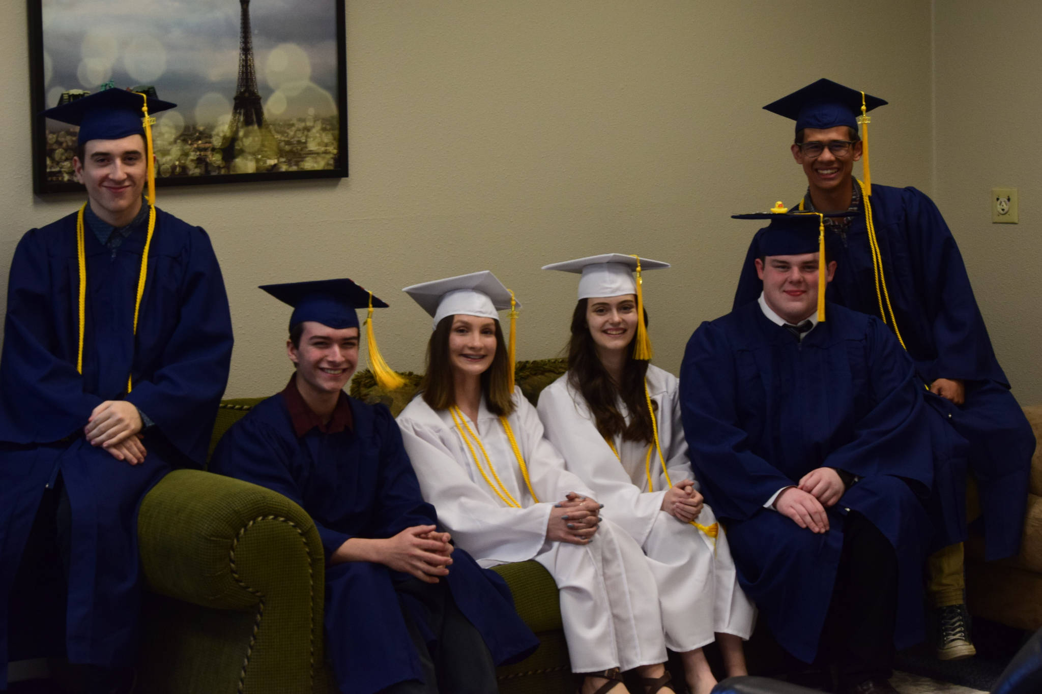 From left to right: Landon Vyhmeister, Jared Vyhmeister, Jamie Hyatt, Emily Warix, Jacob Topp and Isaac Johnson are photographed before their graduation ceremony at Cook Inlet Academy in Soldotna, Alaska on Sunday, May 9, 2021. (Camille Botello / Peninsula Clarion)