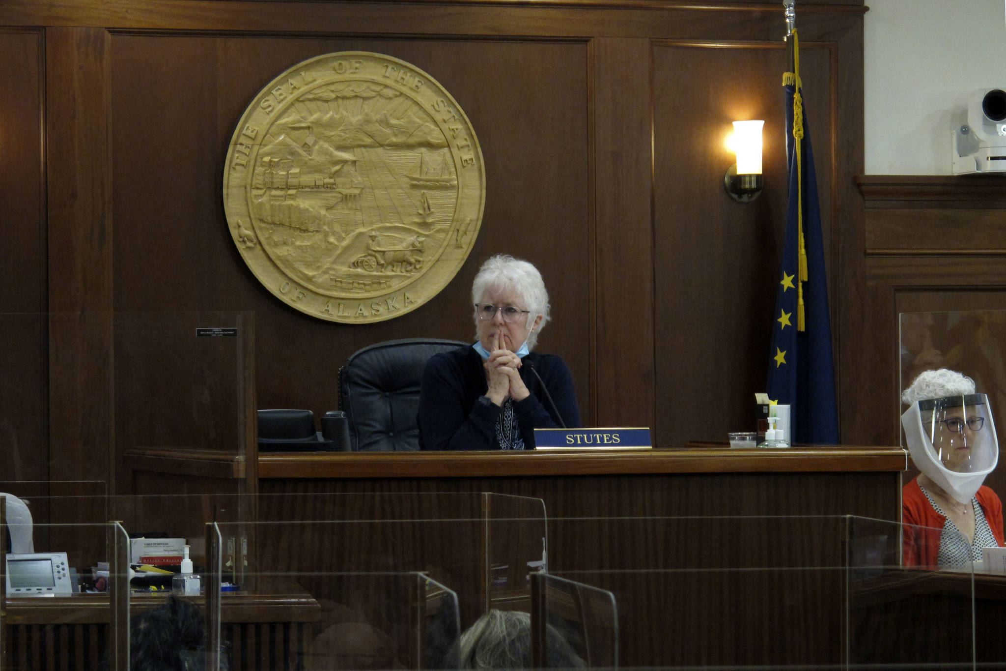 Alaska House Speaker Louise Stutes, a Kodiak Republican, looks out on the floor of the Alaska House on Monday, May 10, 2021, in Juneau, Alaska. The Alaska House on Monday resumed debate on a version of the state operating budget. (AP Photo/Becky Bohrer, Pool)