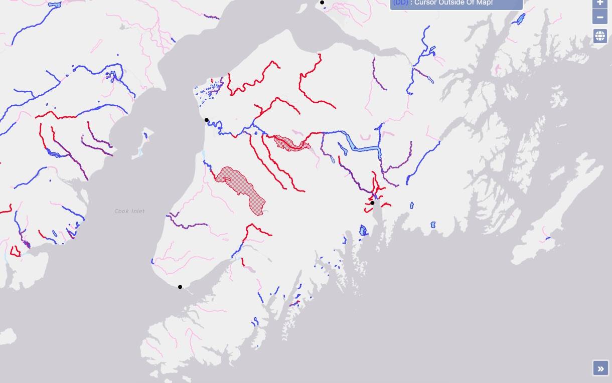 A DNR map of navigable and non-navigable waters are seen on the Kenai Peninsula. (Screenshot)