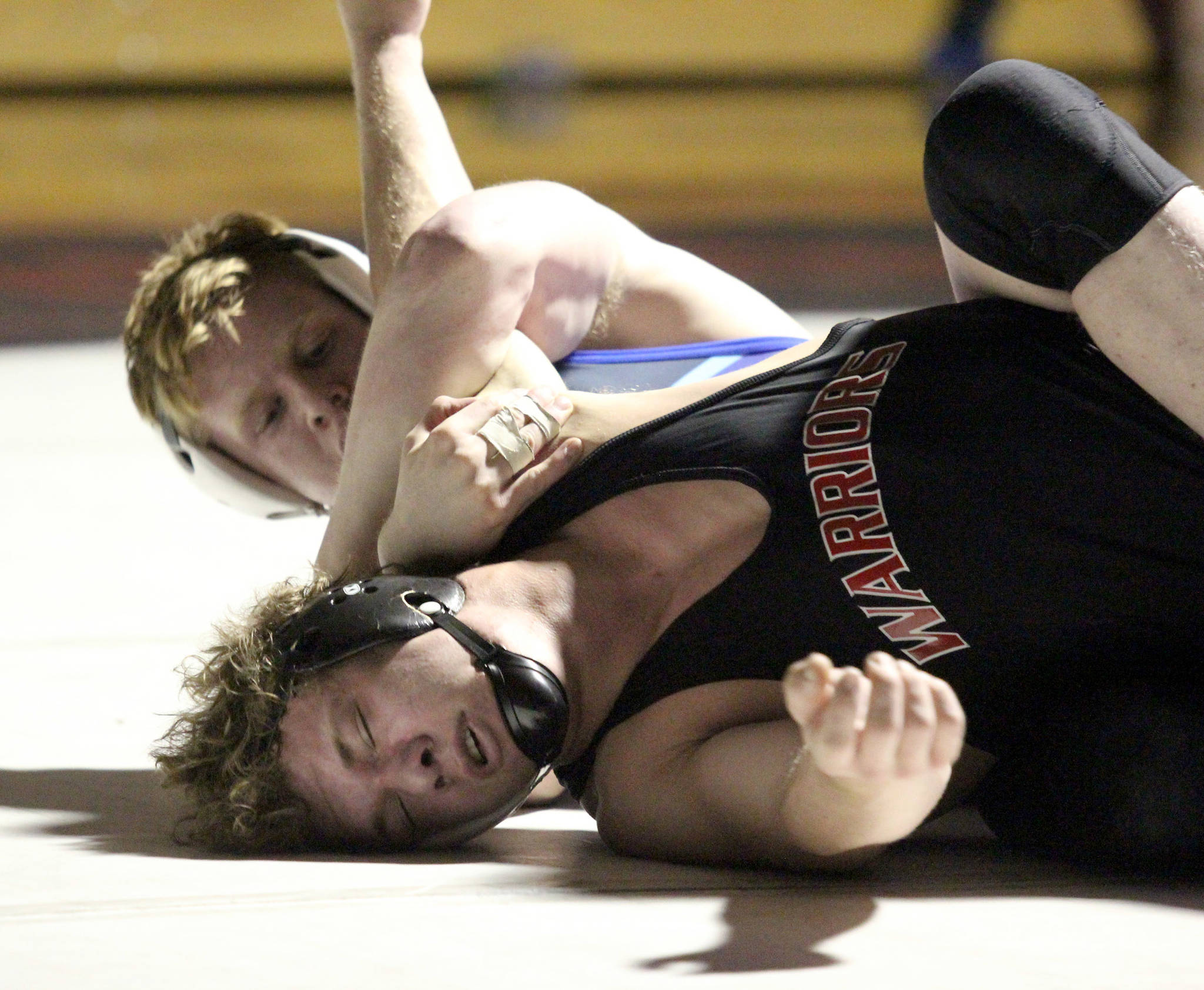 Soldotna’s Sean Babbit tries to pull Wasilla’s Colton Lindquist to his back during the 189-pound final of the Northern Lights Conference tournament Friday, May 14, 2021, at Wasilla High School in Wasilla, Alaska. (Photo by Jeremiah Bartz/Frontiersman)