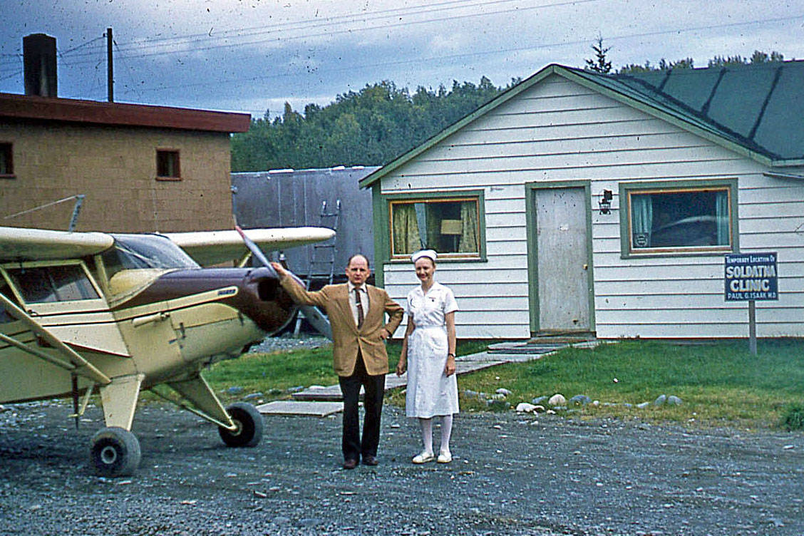 When Dr. Paul Isaak began providing medical service to the Soldotna-Kenai area, his Soldotna Clinic was located near the current site of the Soldotna Fire Department. Here he stands with his airplane and his nurse, Elizabeth Meadows. (Photo courtesy of the Isaak family)