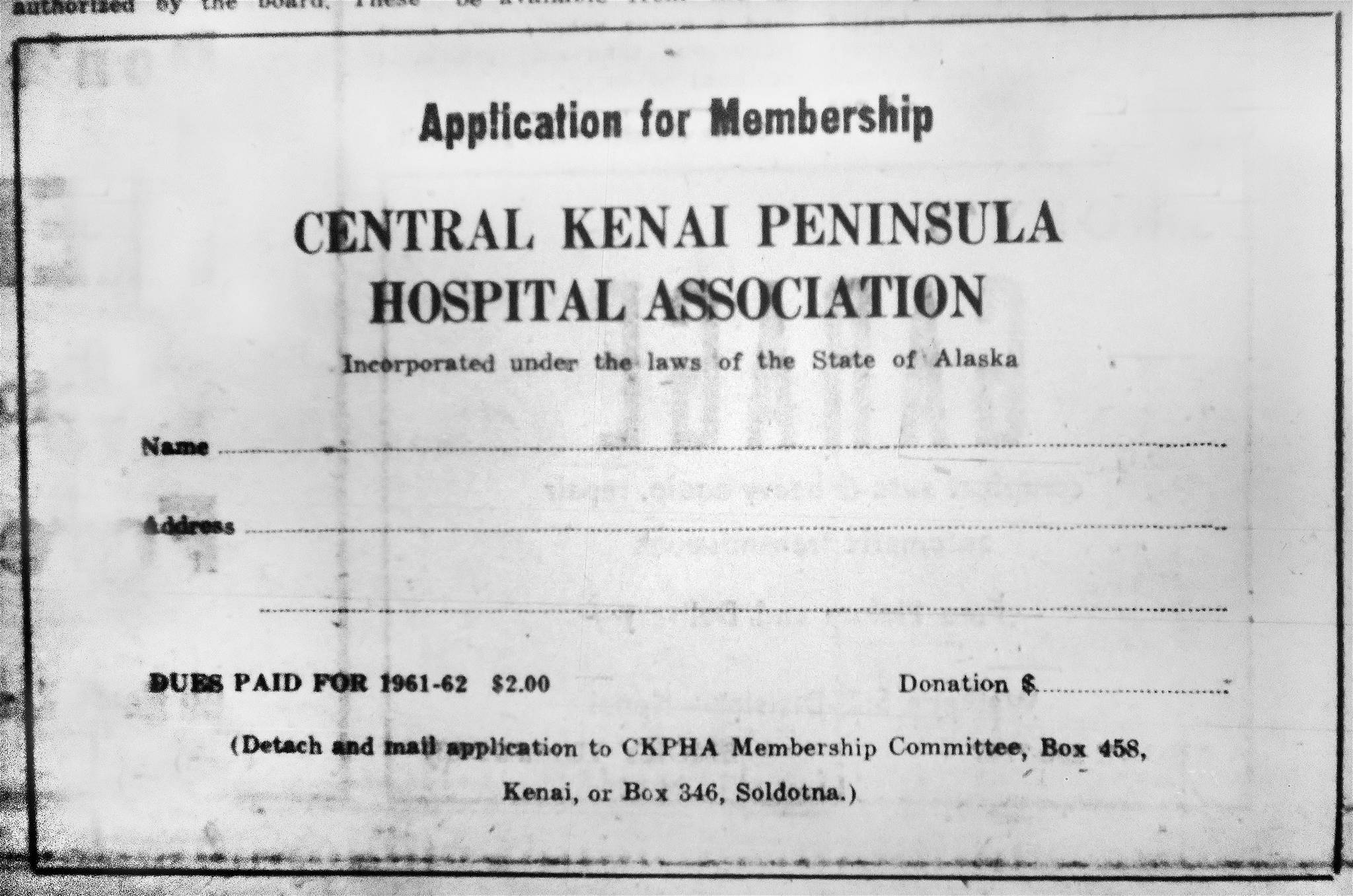 This clippable application for membership in the Central Kenai Peninsula Hospital Association appeared in the Cheechako News in 1961.