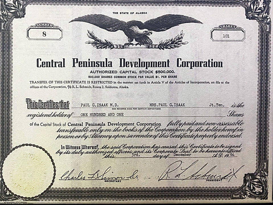 (Photo of certificate provided by Peninsula General Hospital)
Selling shares in the hospital-construction efforts was one of the many attempts to raise funds for the project. This certificate for 101 shares in the Central Peninsula Development Corporation was owned by Paul and Amy Isaak.