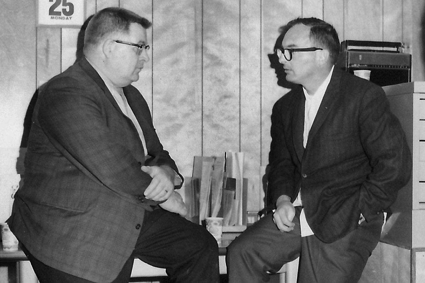 Photo courtesy of Gloria Wisecarver
Dr. Robert Struthers, Kenai’s third resident physician, and Kenai dentist Dr. Charles Bailie converse in Struthers’ office in Kenai in July 1966.