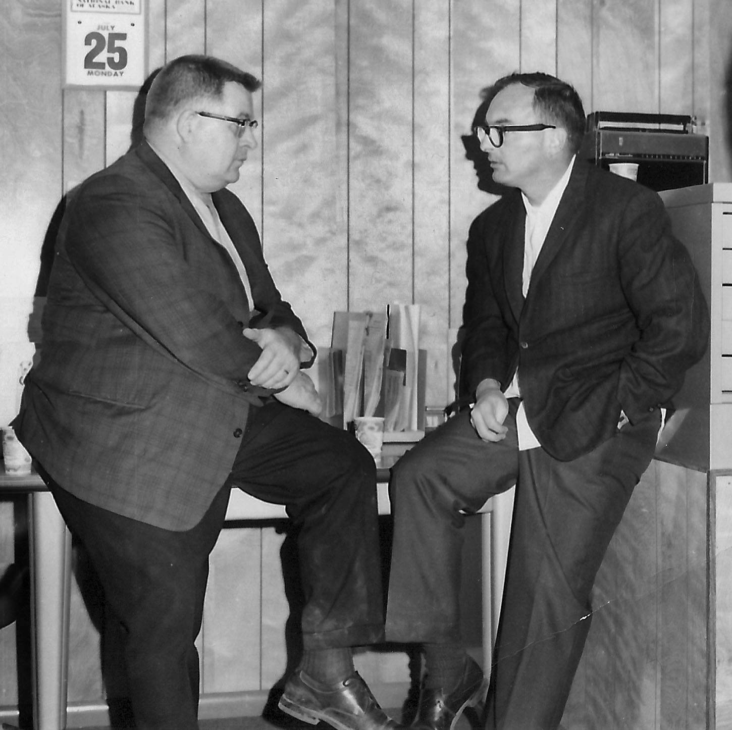 Dr. Robert Struthers, Kenai’s third resident physician, and Kenai dentist Dr. Charles Bailie converse in Struthers’ office in Kenai in July 1966. (Photo courtesy of Gloria Wisecarver)