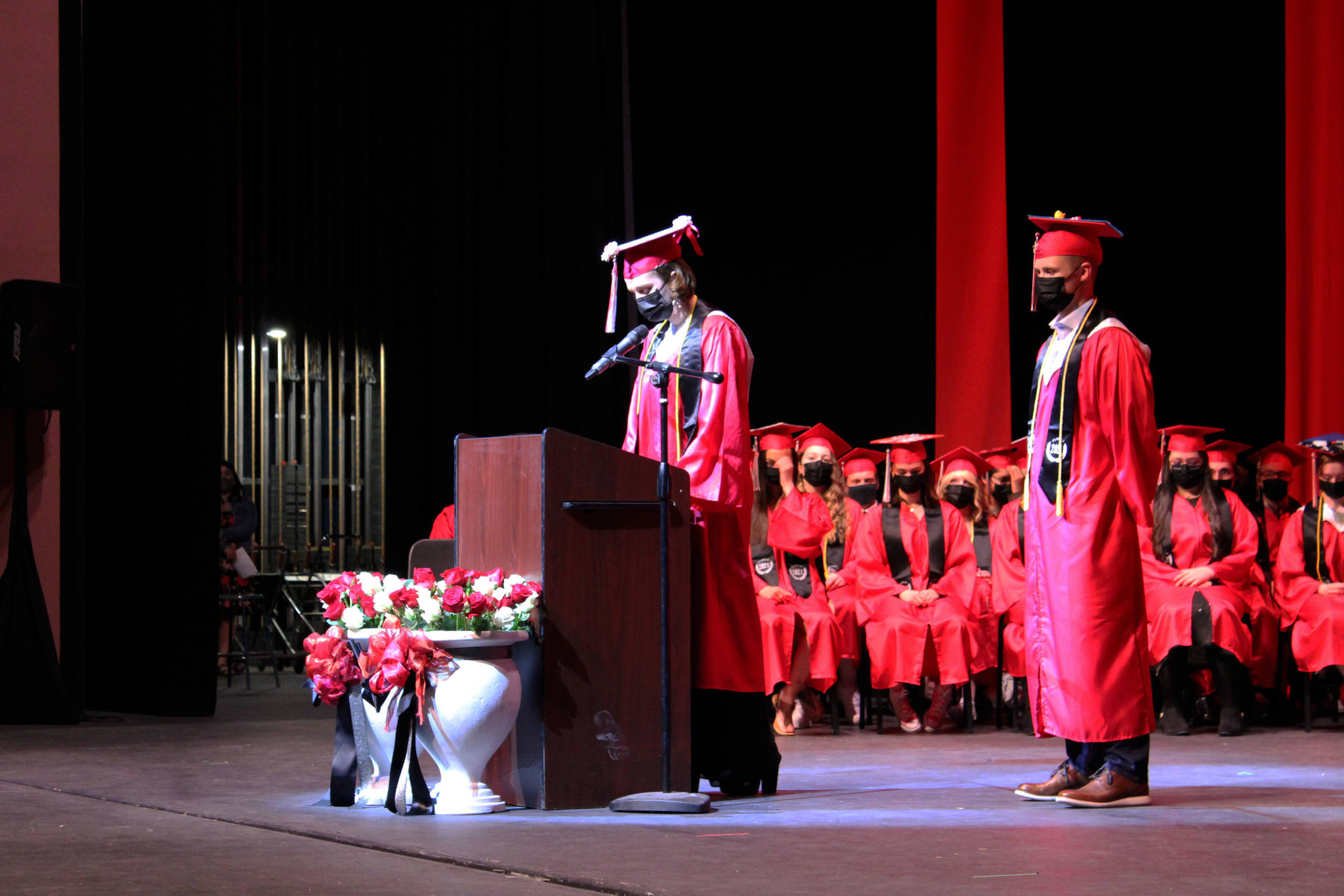 KCHS valedictorians Abigail Moffett and Owen Rolph speak at KCHS’ graduation ceremony on Monday, May 17 in Kenai, Alaska. (Ashlyn O’Hara/Peninsula Clarion)