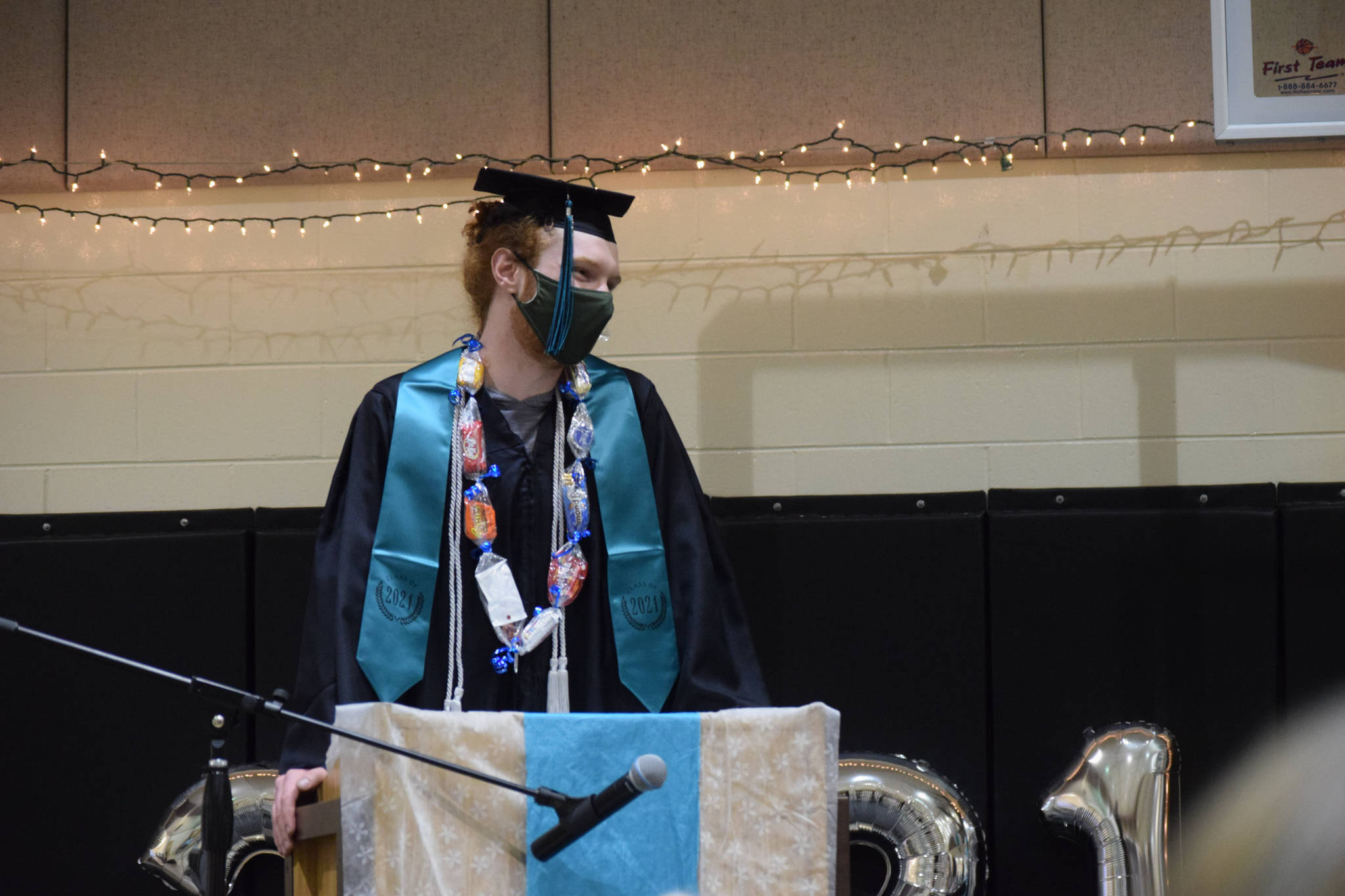 Aidan Katzenberger speaks at the River City Academy graduation in Soldotna, Alaska on Monday, May 17, 2021. (Camille Botello / Peninsula Clarion)