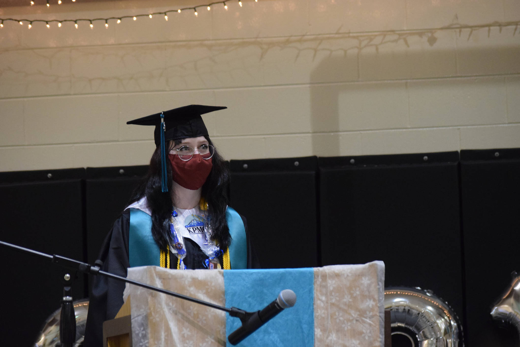 Jellybean Normal speaks at the River City Academy graduation in Soldotna, Alaska on Monday, May 17, 2021. She graduated from the Kenai Peninsula Middle College and was a part of the National Honor Society. (Camille Botello / Peninsula Clarion)