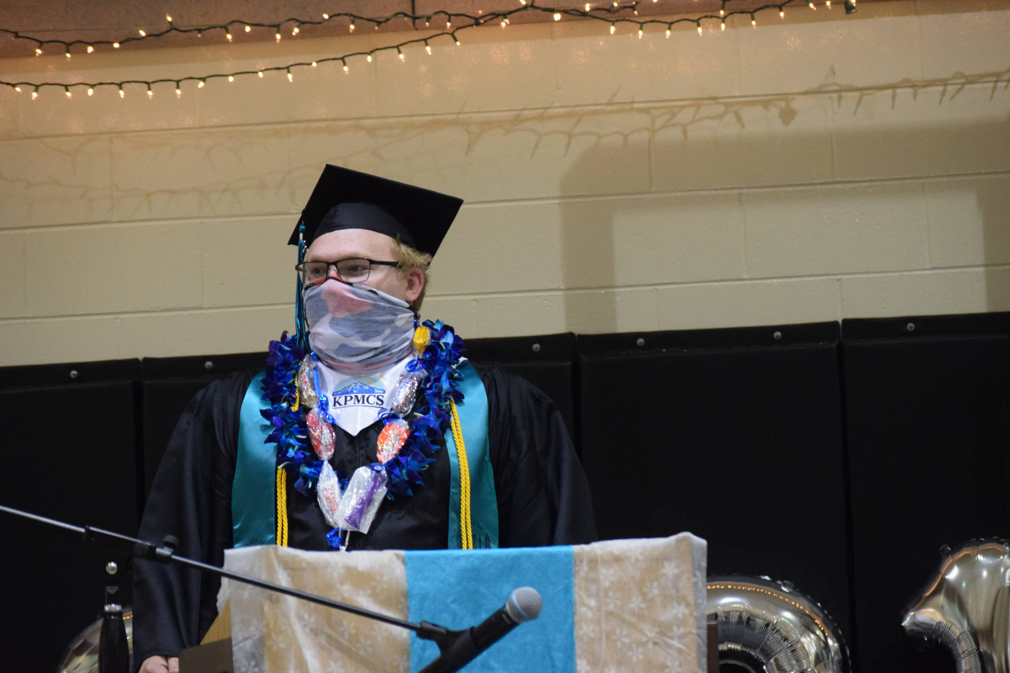 Maxwell Rogers speaks at the River City Academy graduation in Soldotna, Alaska on Monday, May 17, 2021. He graduated from the Kenai Peninsula Middle College. (Camille Botello / Peninsula Clarion)