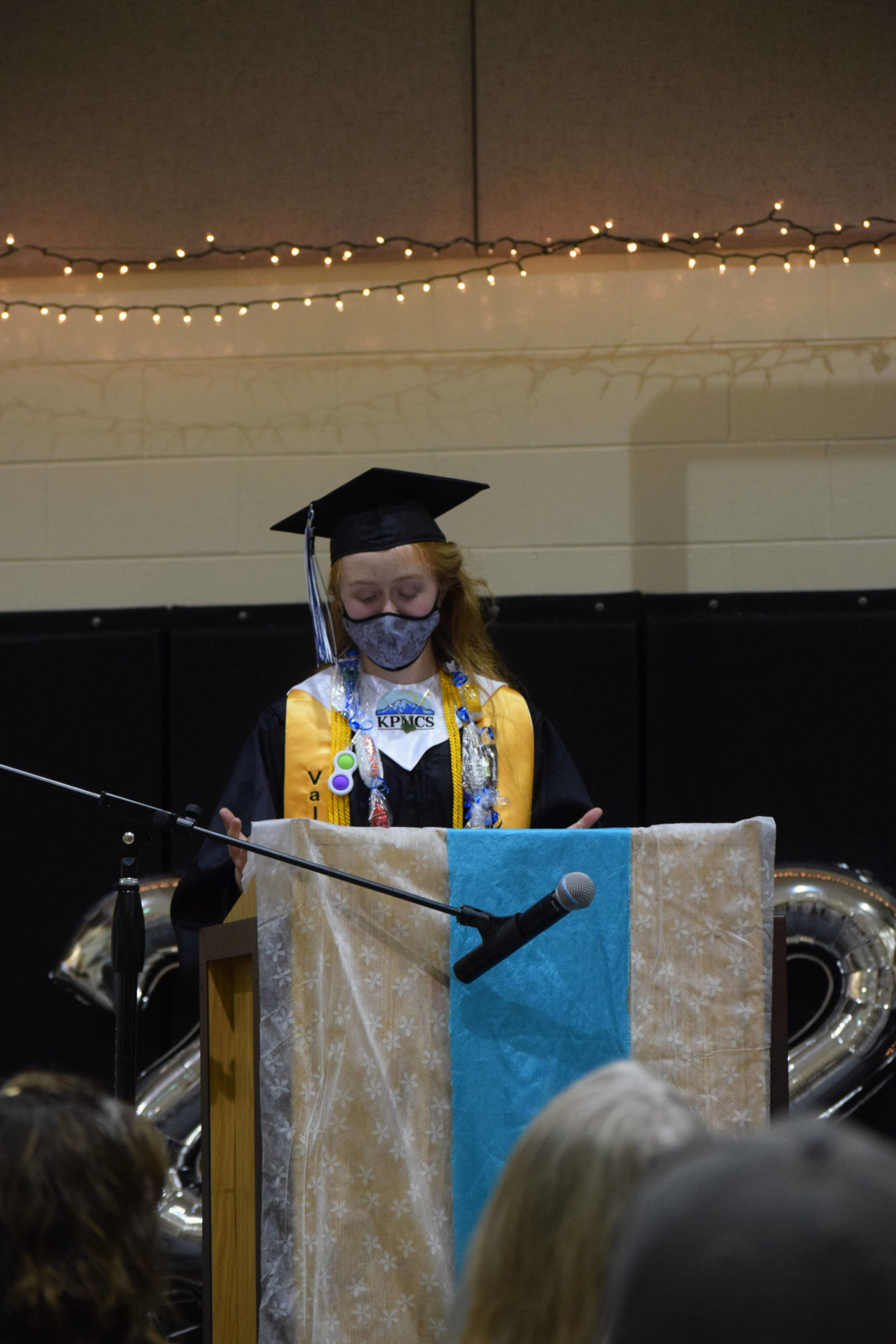 Tovia Owens speaks at the River City Academy graduation in Soldotna, Alaska on Monday, May 17, 2021. She graduated as the valedictorian of Kenai Peninsula Middle College and was a part of the National Honor Society. (Camille Botello / Peninsula Clarion)