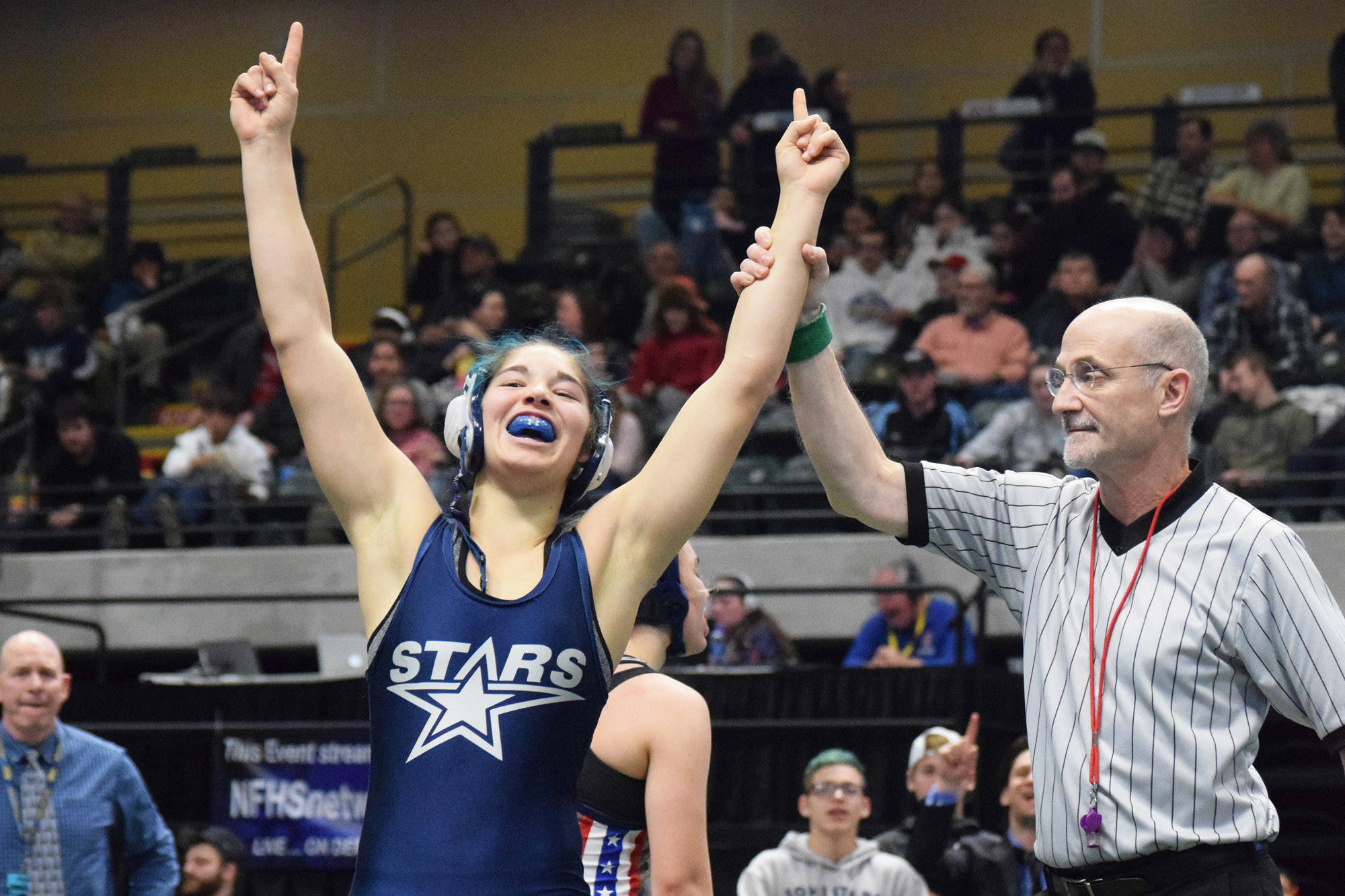 Soldotna's Trinity Donovan is crowned the champion of the girls 145-pound division Saturday, Dec. 21, 2019, at the ASAA State Wrestling Championships at the Alaska Airlines Center in Anchorage, Alaska. (Photo by Joey Klecka/Peninsula Clarion)