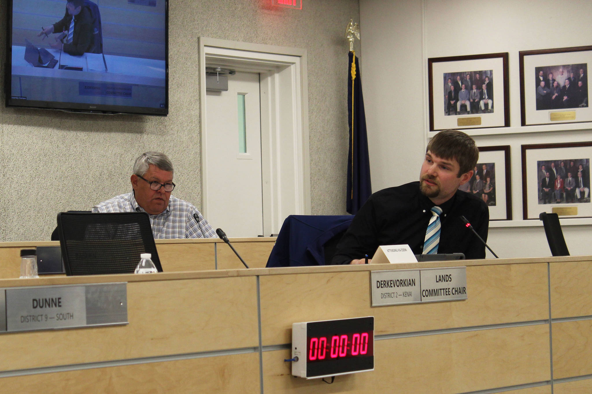 Jesse Bjorkman (right) speaks at a meeting of the Kenai Peninsula Borough Assembly on Tuesday, May 4, 2021 in Soldotna, Alaska. (Ashlyn O’Hara/Peninsula Clarion)