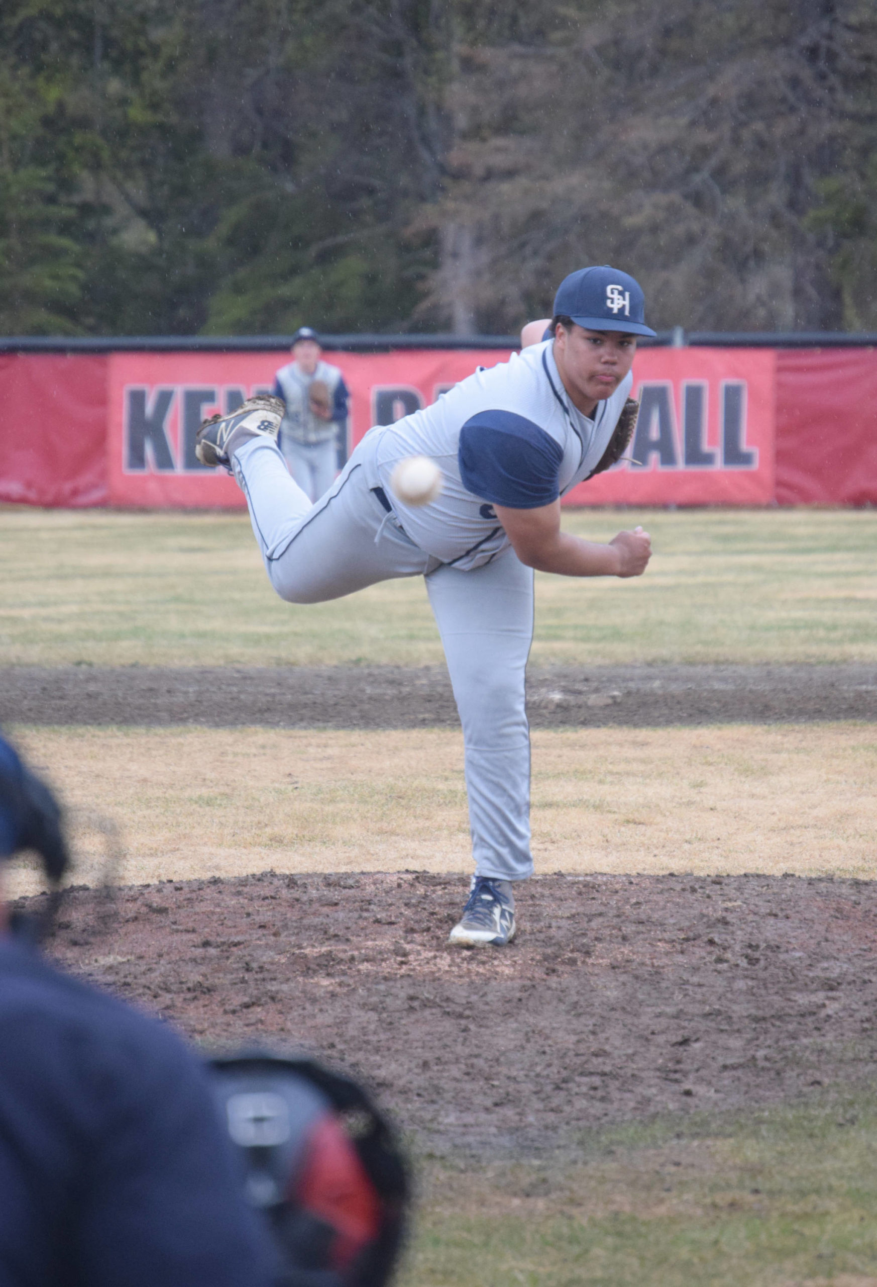Soldotna starting pitcher Atticus Gibson delivers to Kenai Central on Wednesday, May 19, 2021, at the Kenai Little League fields in Kenai, Alaska. (Photo by Jeff Helminiak/Peninsula Clarion)