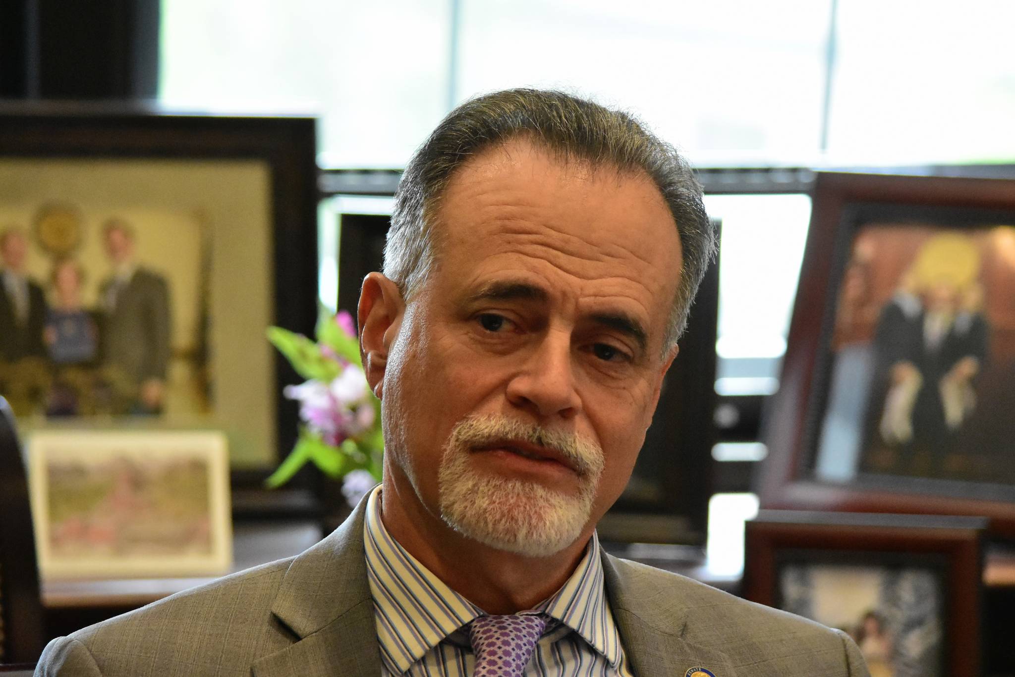 Senate President Peter Micciche, R-Soldotna, spoke to reporters in his office on Thursday, May 20, 2021, to discuss next steps after the Senate debated the state budget until just before midnight the night before. Senators voted for a Permanent Fund Dividend of $2,300, the largest in history, but negotiations with the House of Representatives are still to come. (Peter Segall / Juneau Empire)